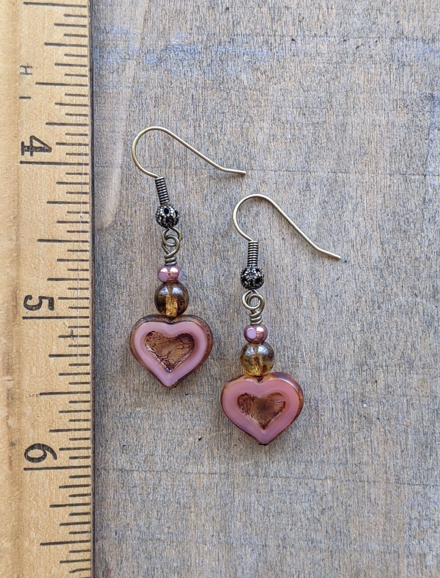 Heart Earrings ~ Pink Glass and Brass