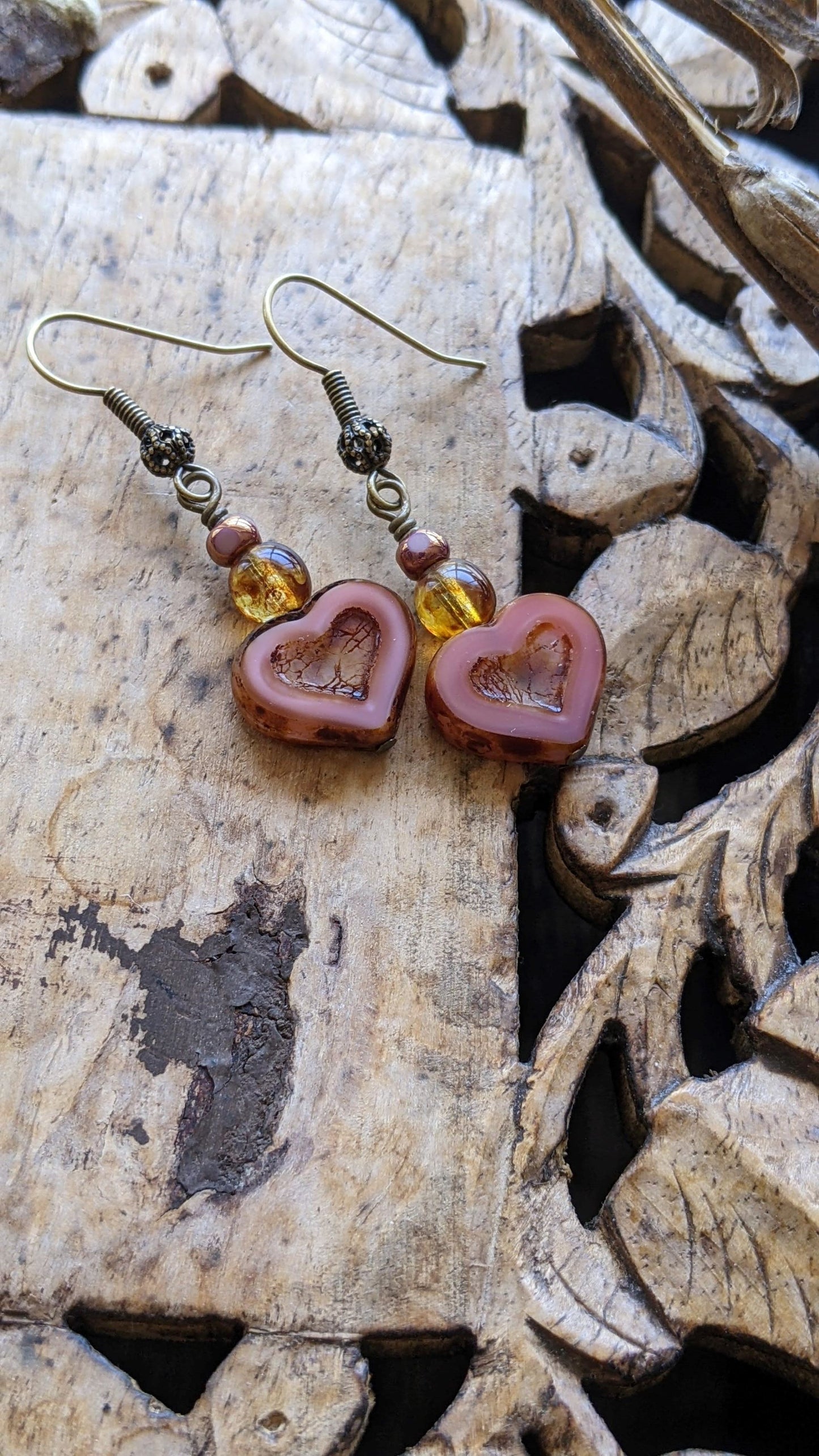 Heart Earrings ~ Pink Glass and Brass