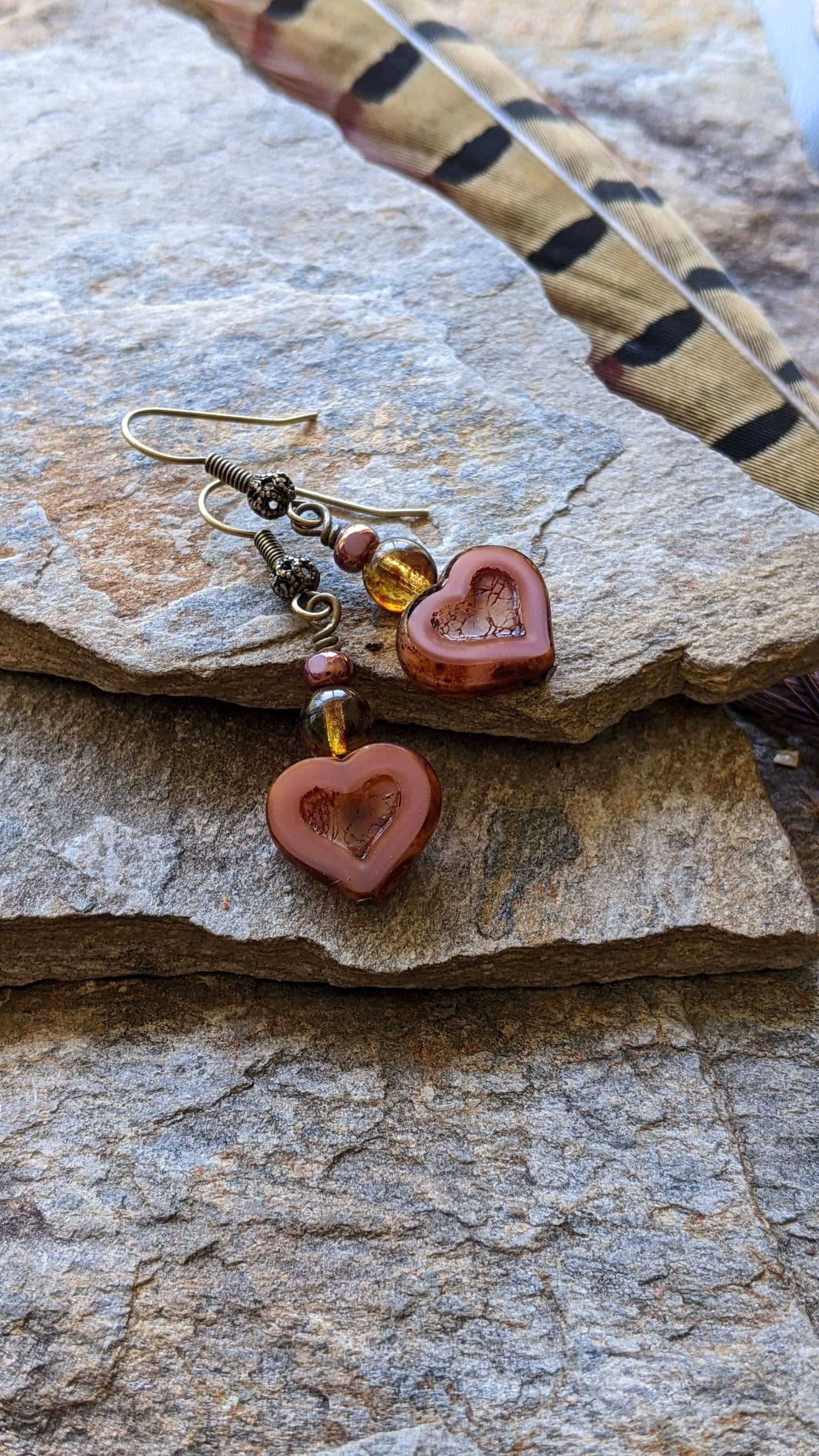 Heart Earrings ~ Pink Glass and Brass