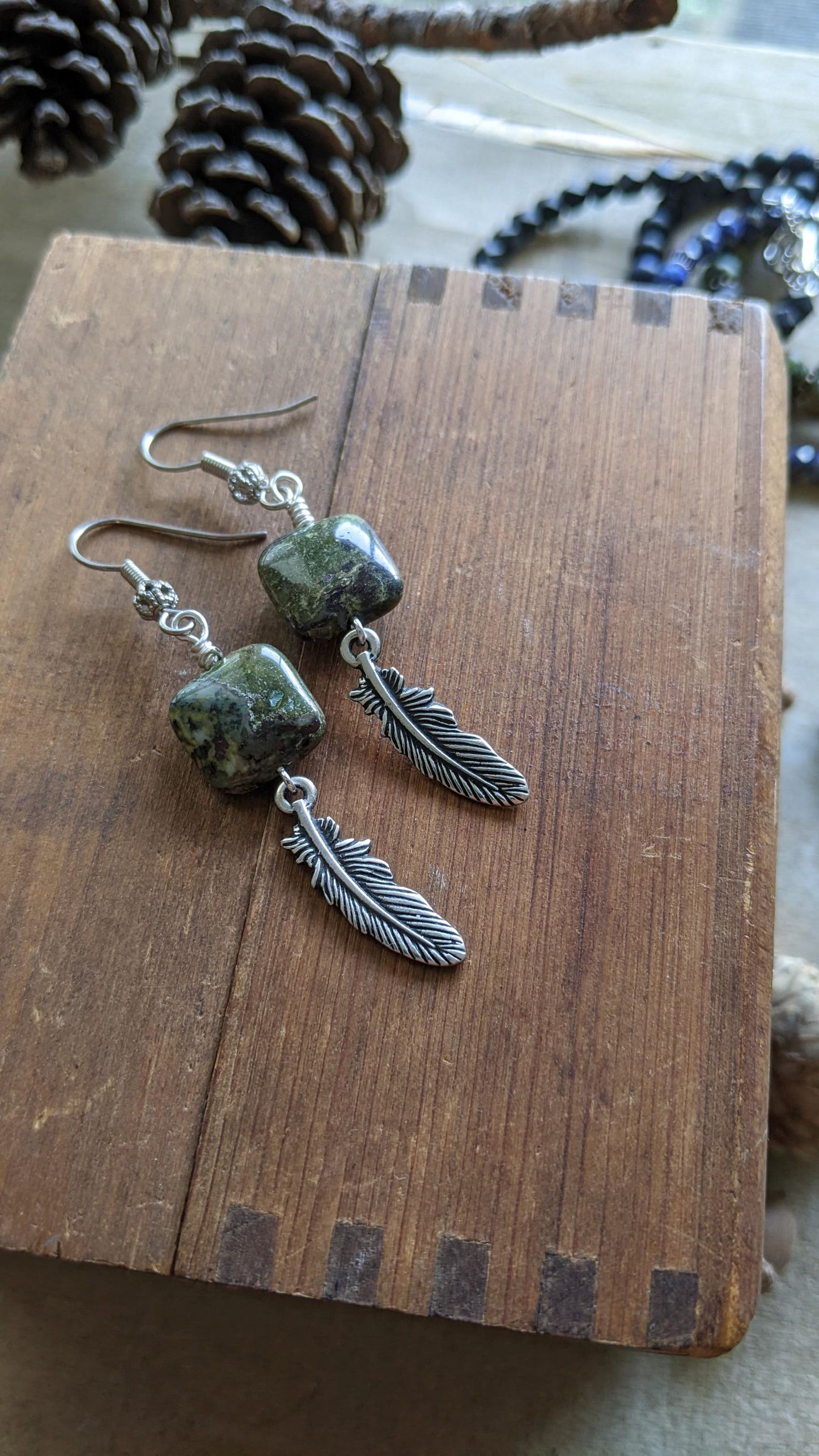 Gemstone Earrings ~ Jasper with Feather