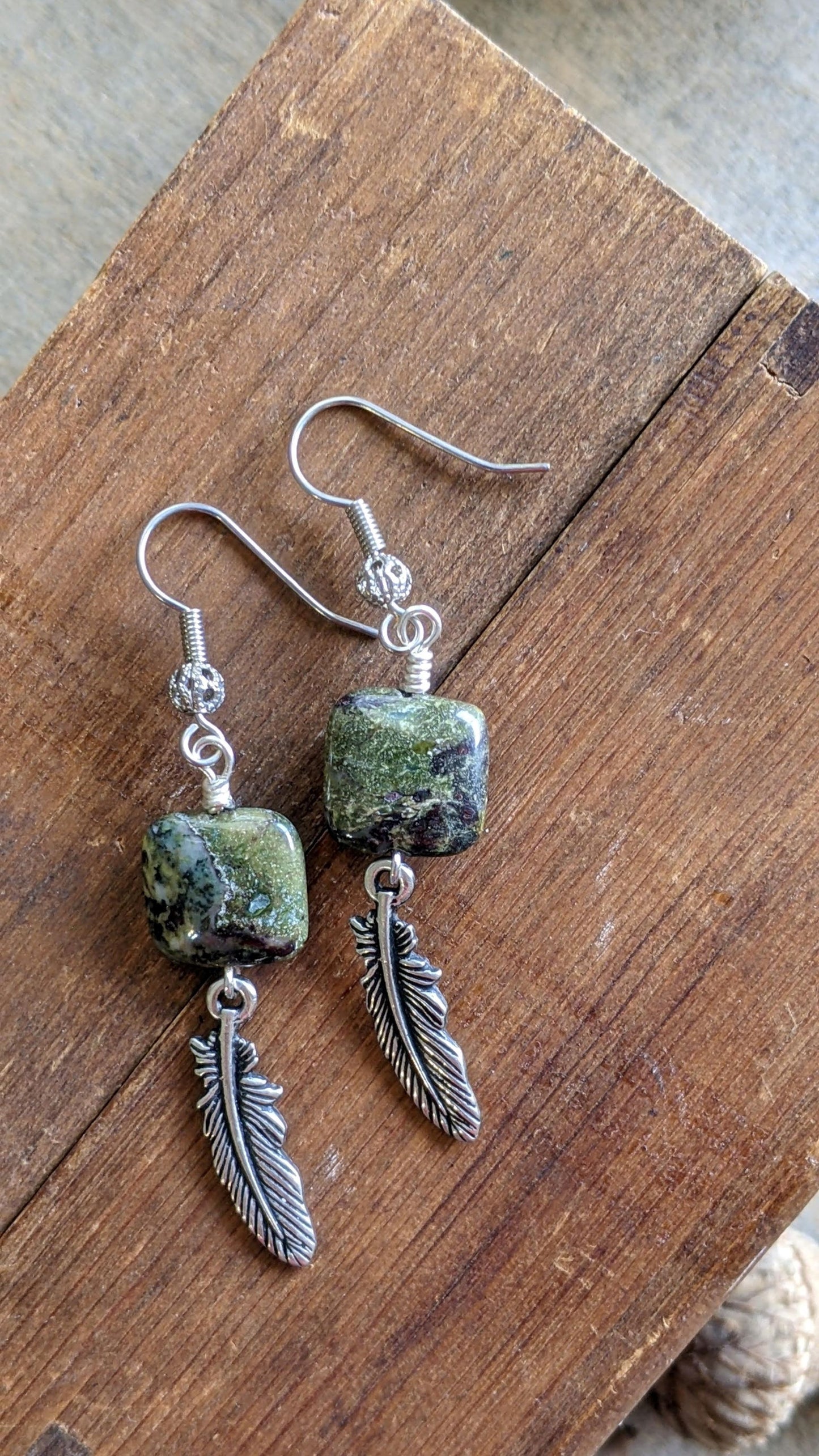 Gemstone Earrings ~ Jasper with Feather