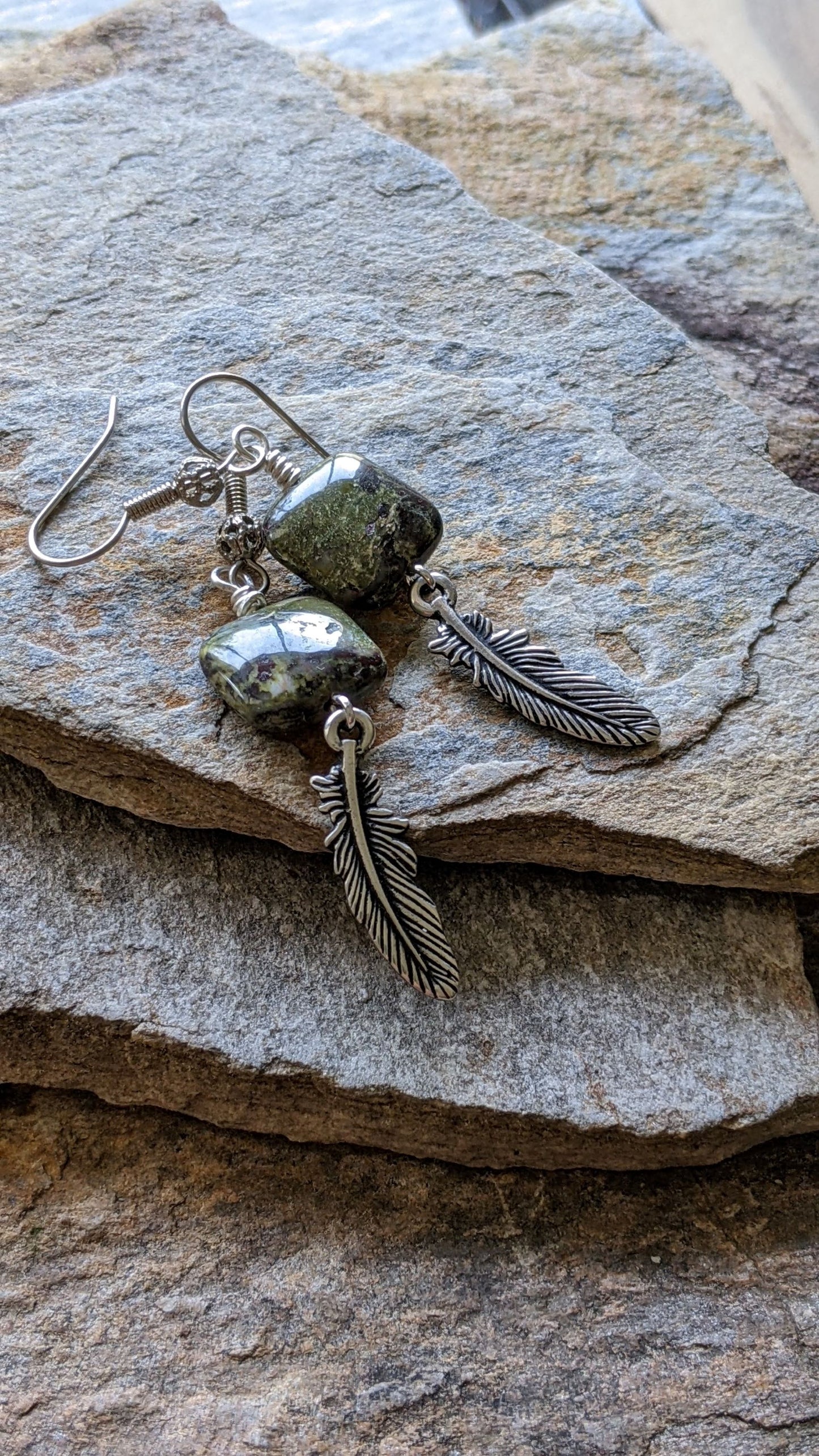 Gemstone Earrings ~ Jasper with Feather