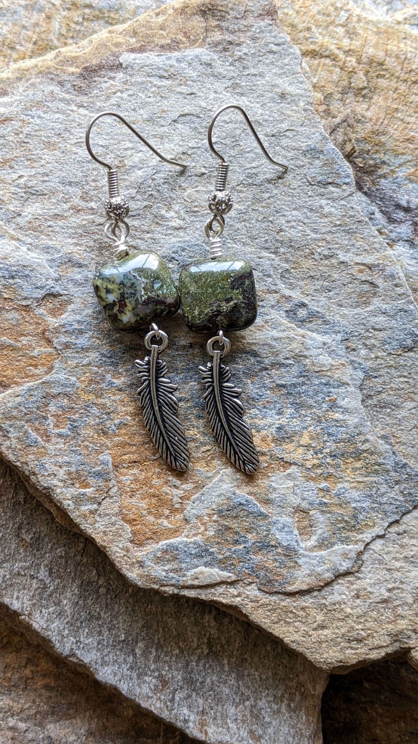 Gemstone Earrings ~ Jasper with Feather