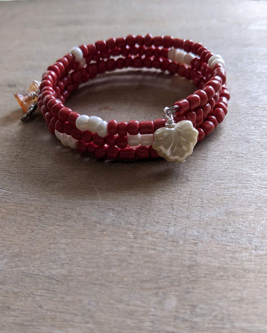 Beaded Memory Wire Bracelet ~ Burnt Orange and Cream Glass