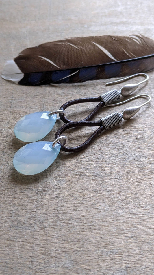 Leather Hoop Earrings ~ Sky Blue