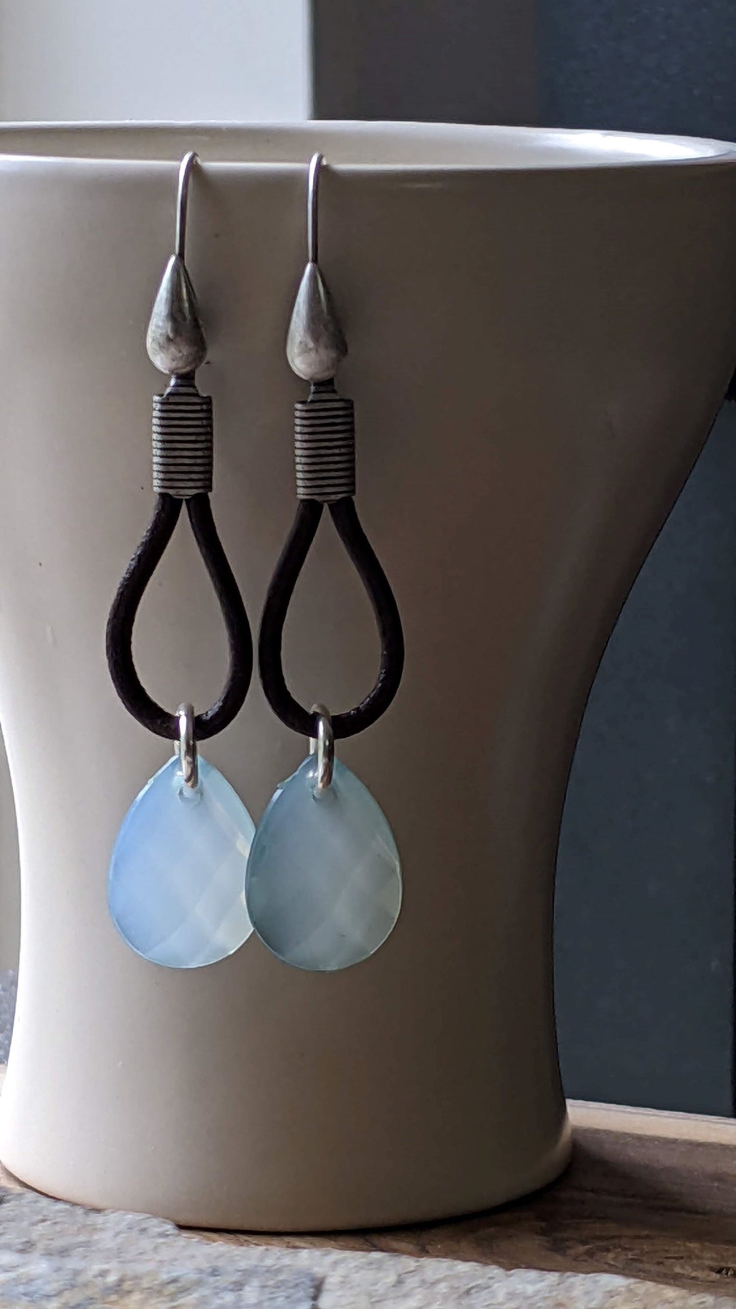 Leather Hoop Earrings ~ Sky Blue