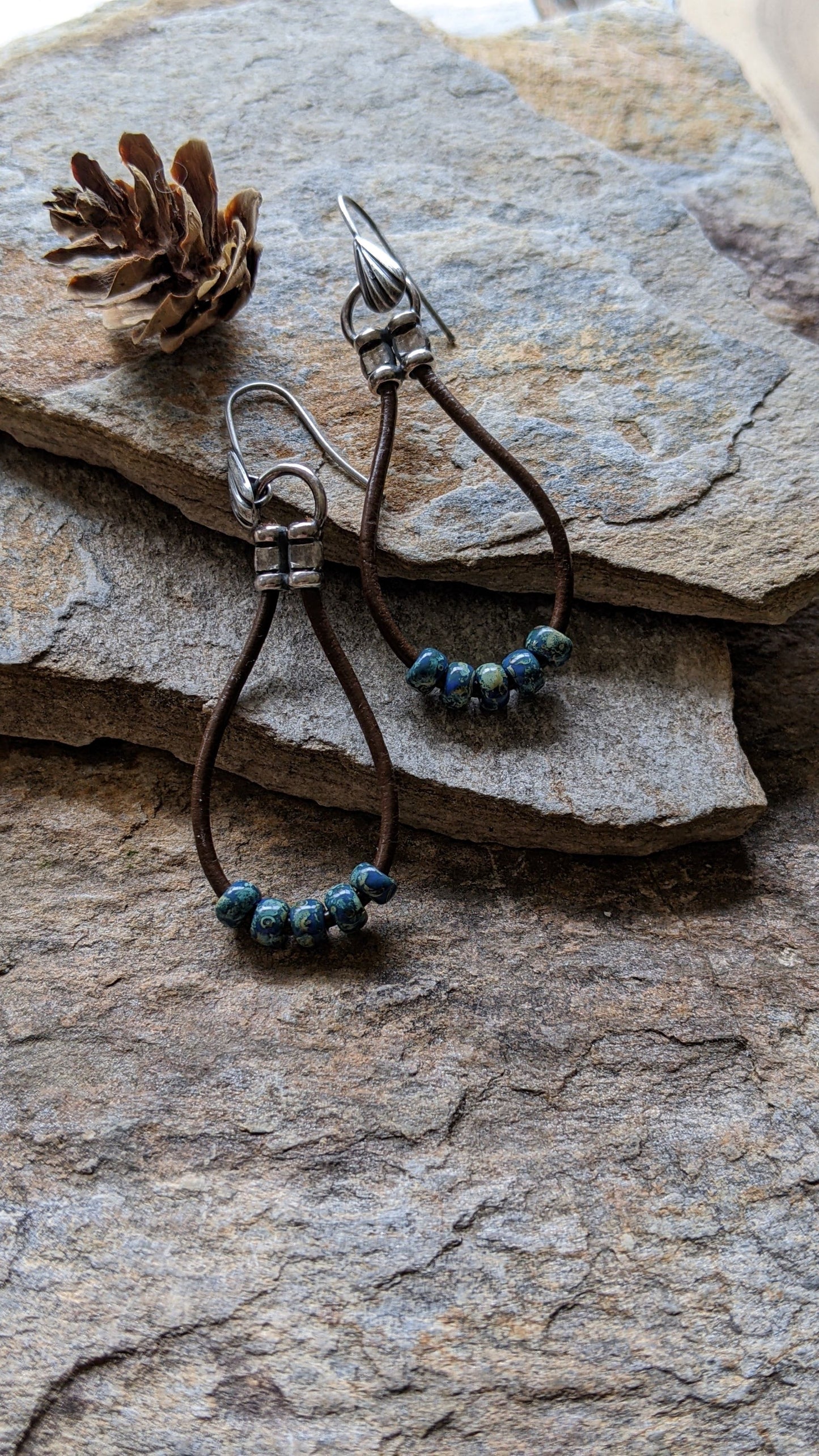 Leather Hoop Earrings ~ Blue