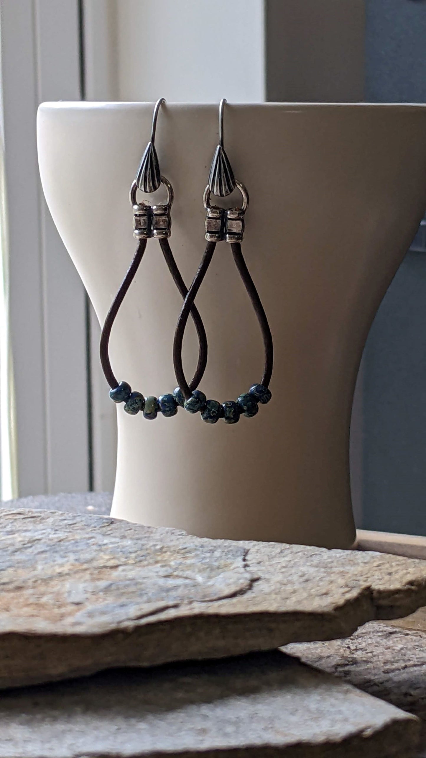 Leather Hoop Earrings ~ Blue