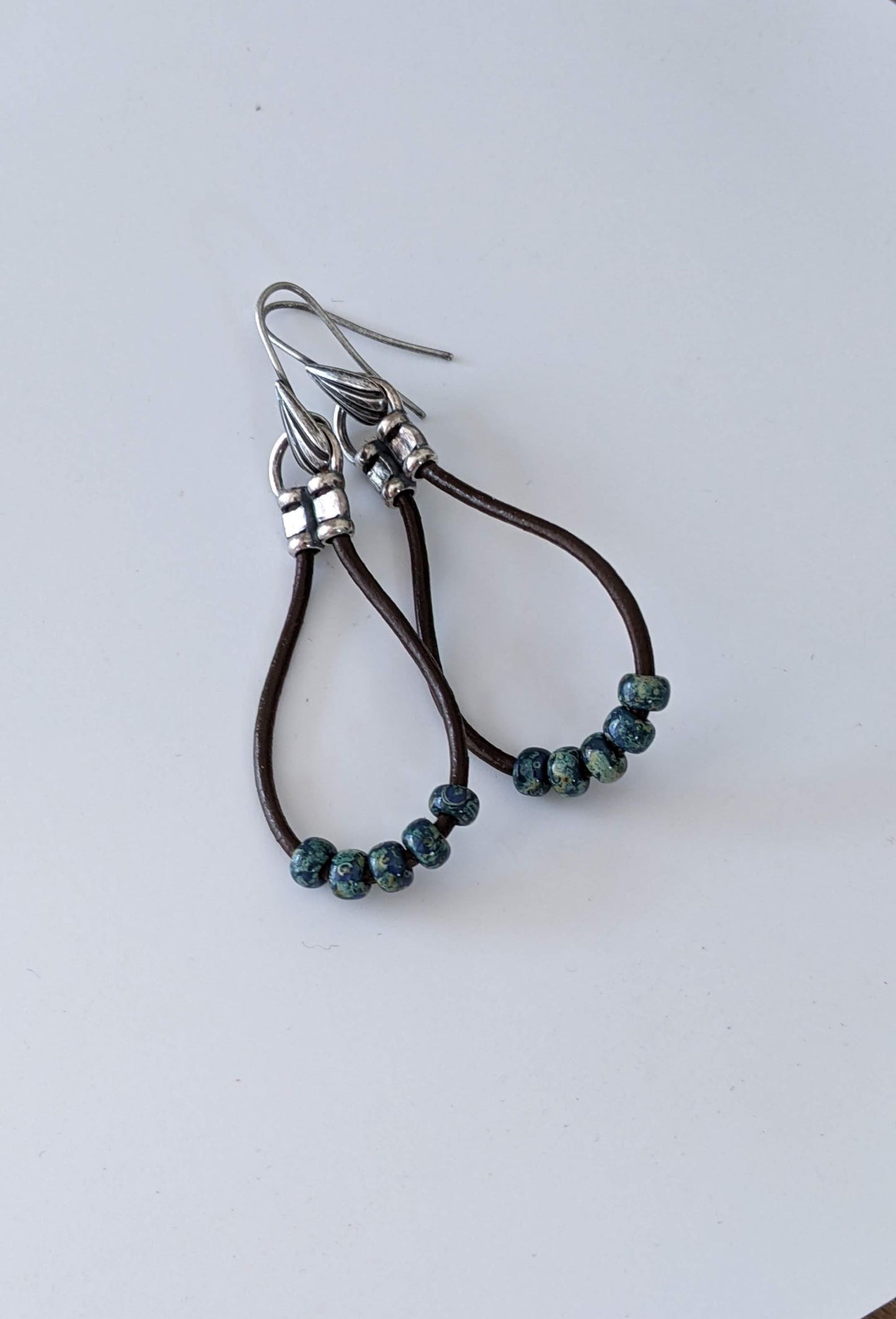 Leather Hoop Earrings ~ Blue