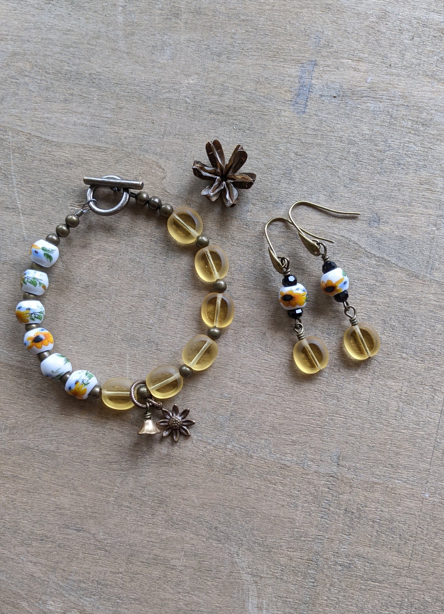 Sunflower and Yellow Glass Earrings