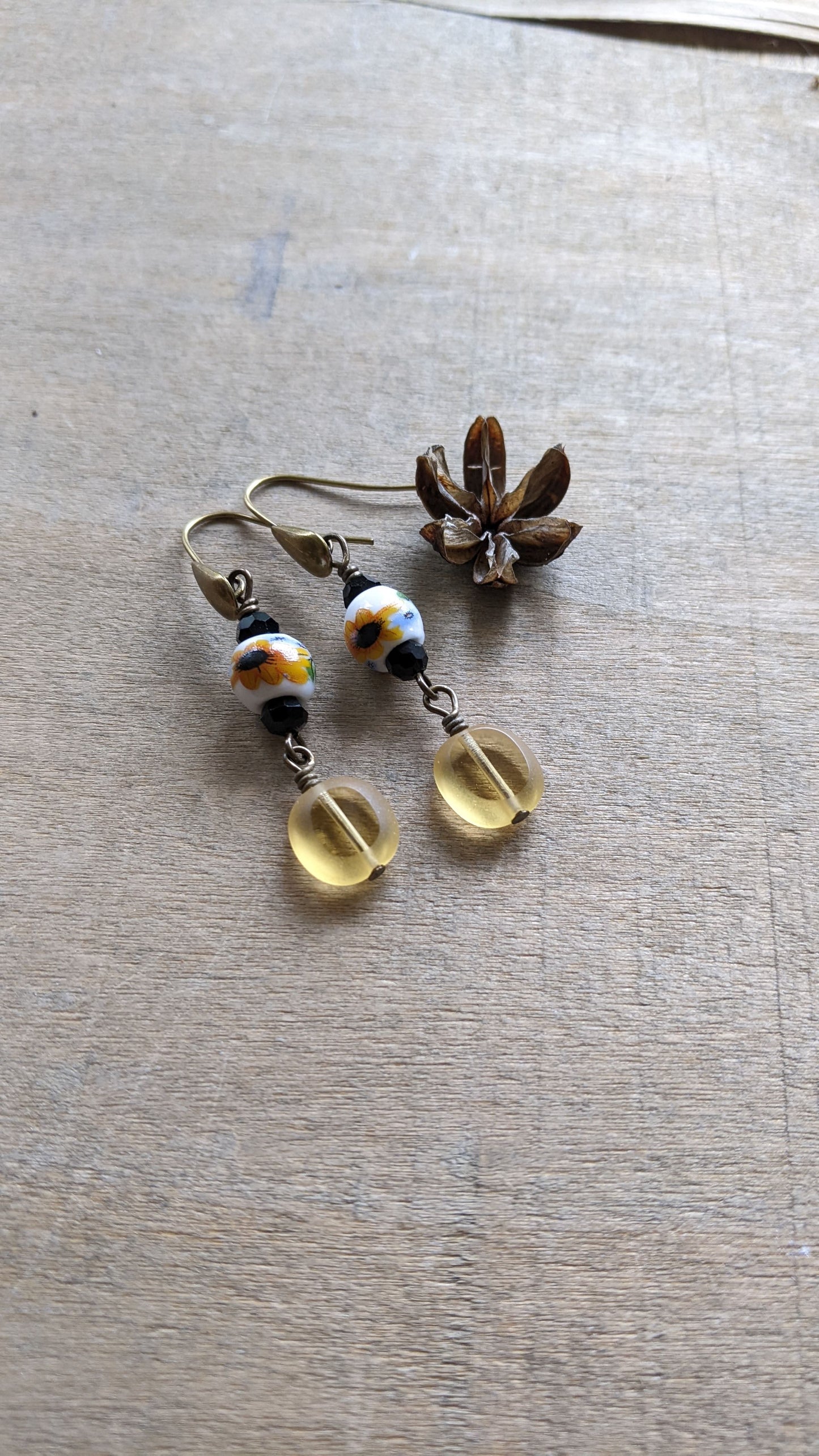 Sunflower and Yellow Glass Earrings