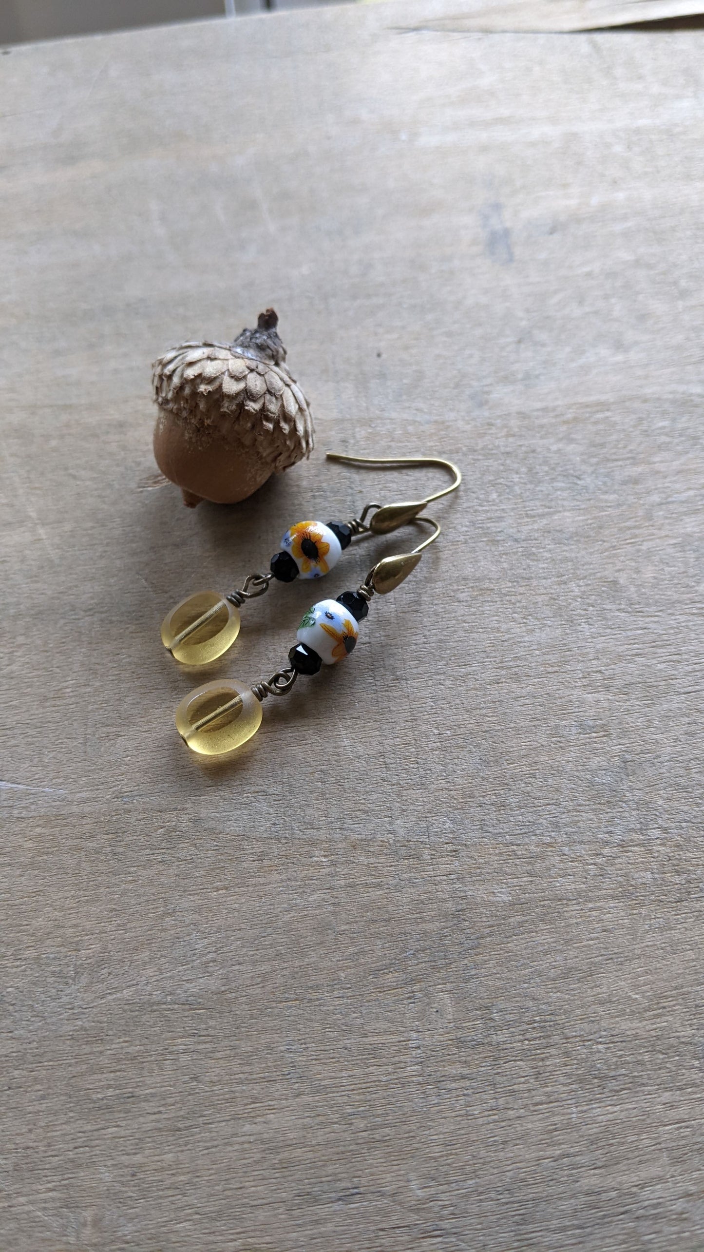 Sunflower and Yellow Glass Earrings