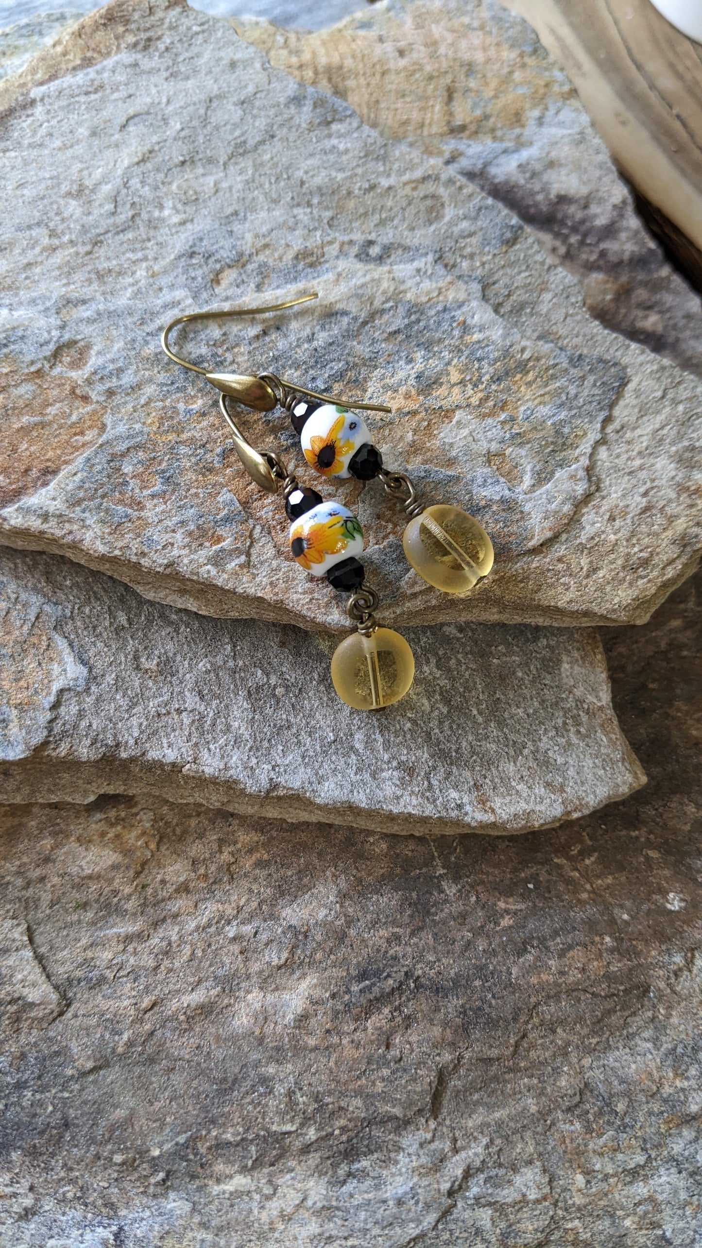 Sunflower and Yellow Glass Earrings