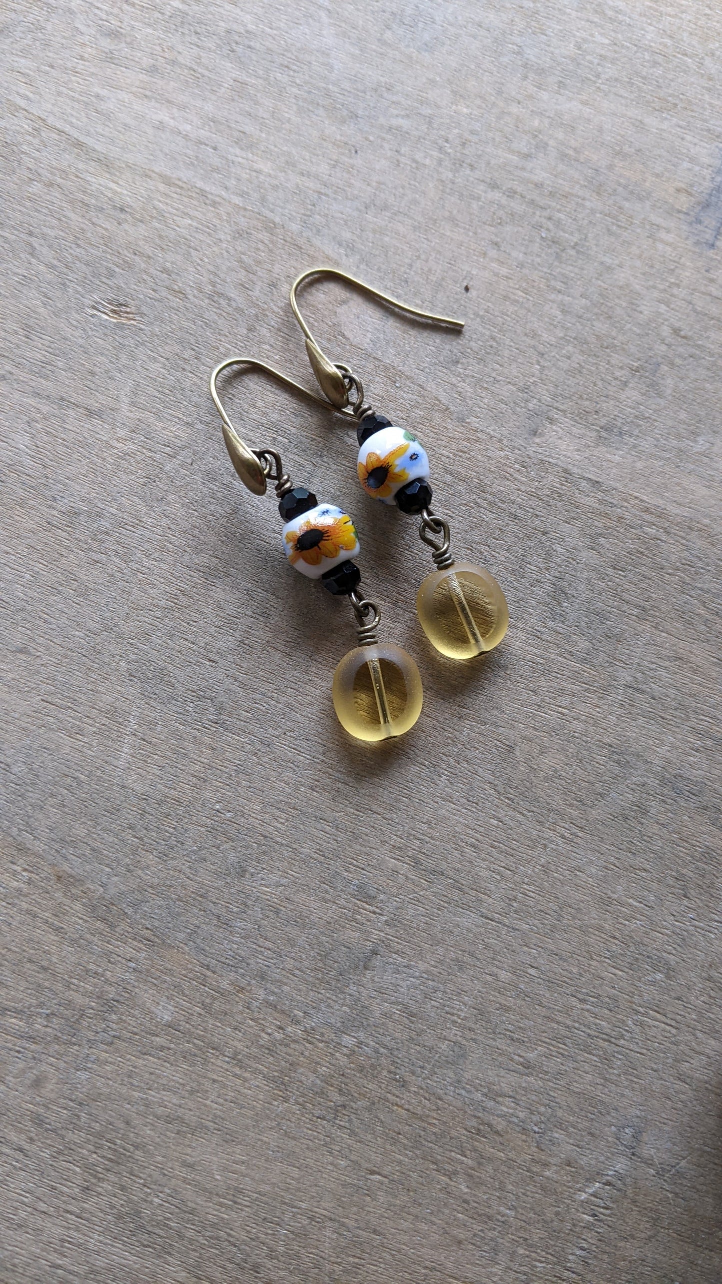 Sunflower and Yellow Glass Earrings