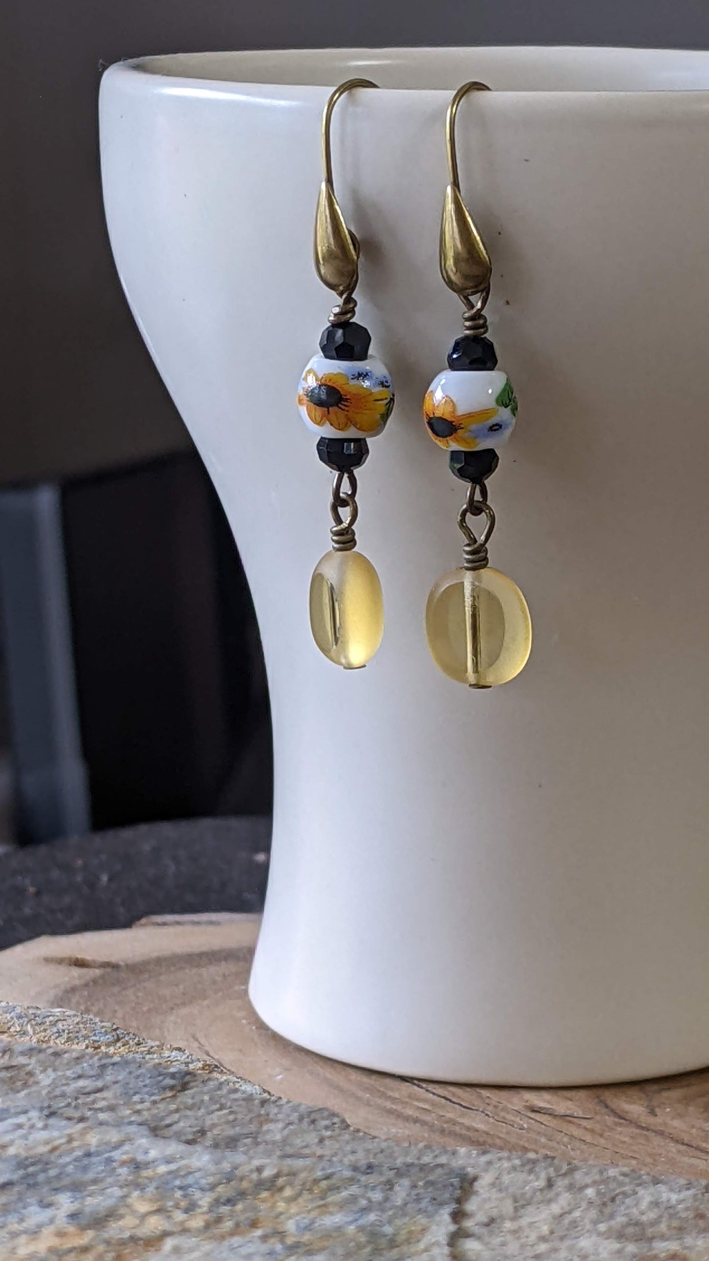 Sunflower and Yellow Glass Earrings