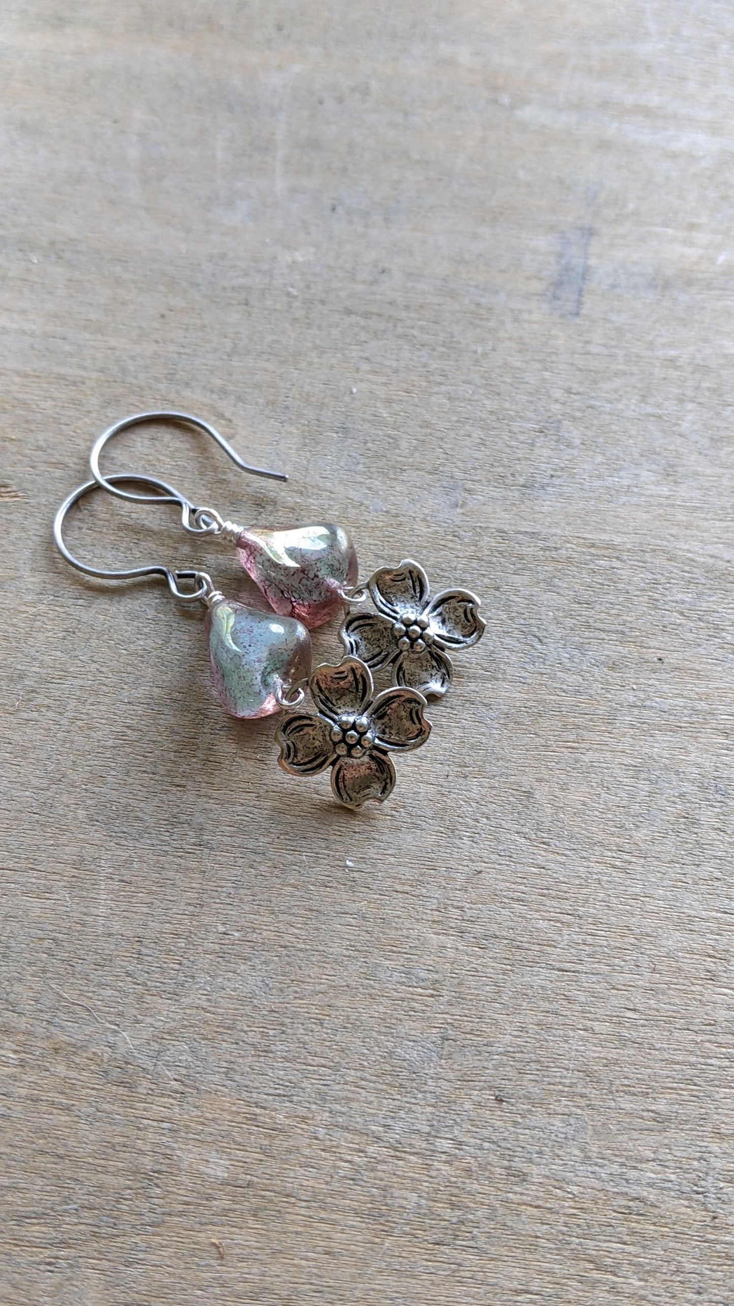 Pink Glass and Dogwood Flower Earrings