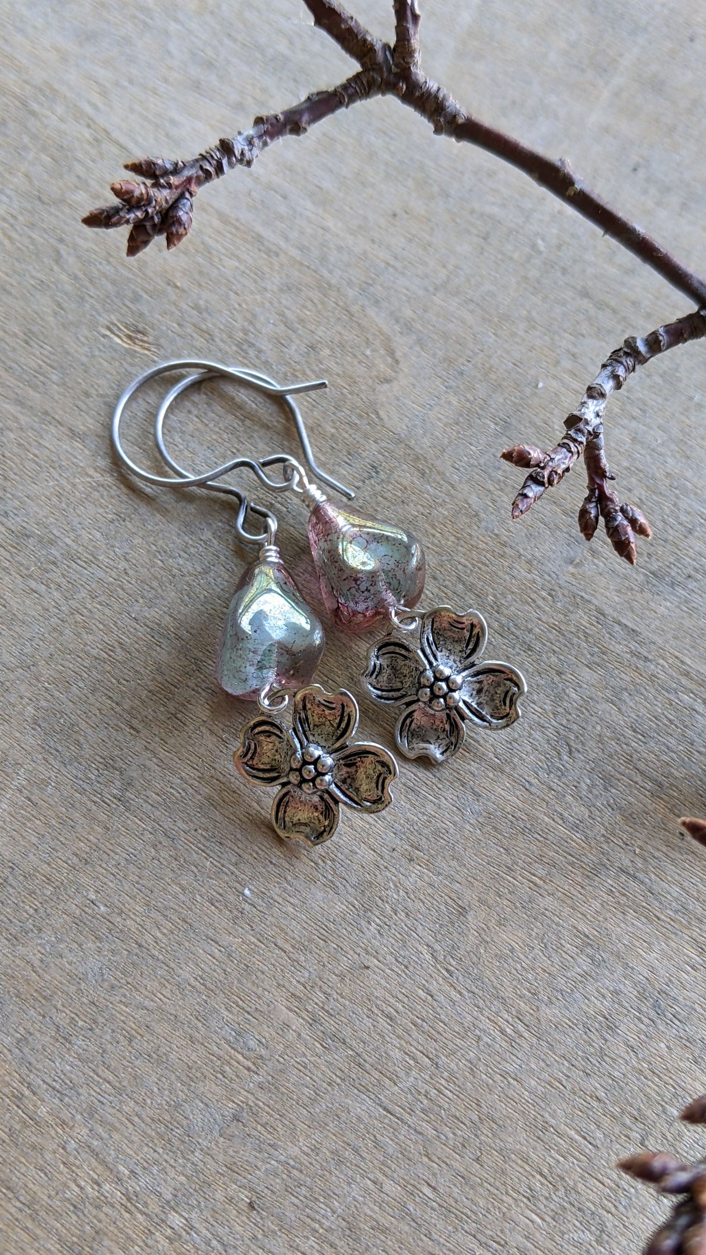 Pink Glass and Dogwood Flower Earrings