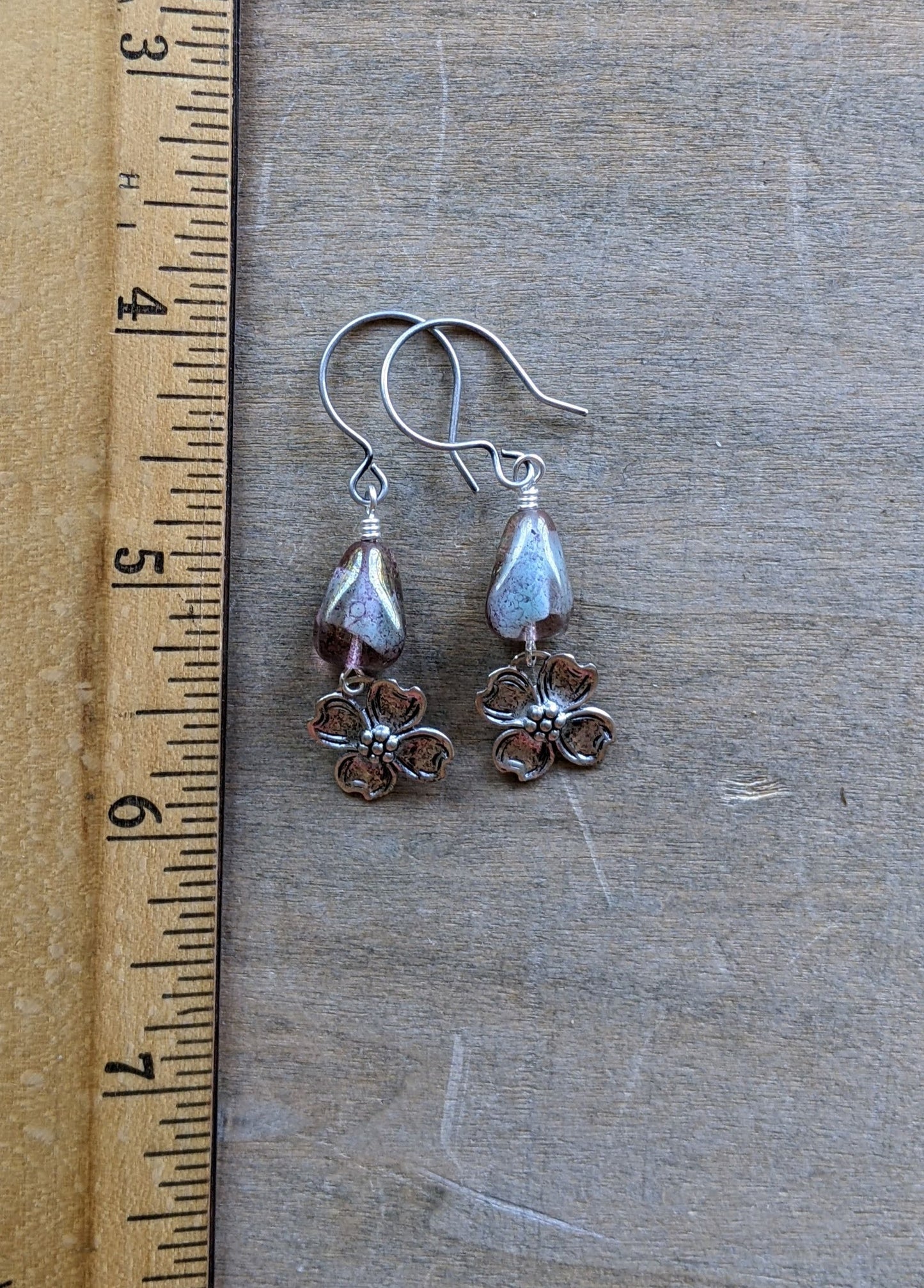 Pink Glass and Dogwood Flower Earrings