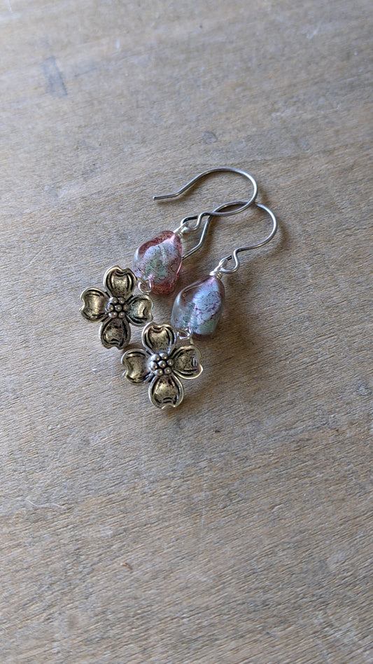 Pink Glass and Dogwood Flower Earrings