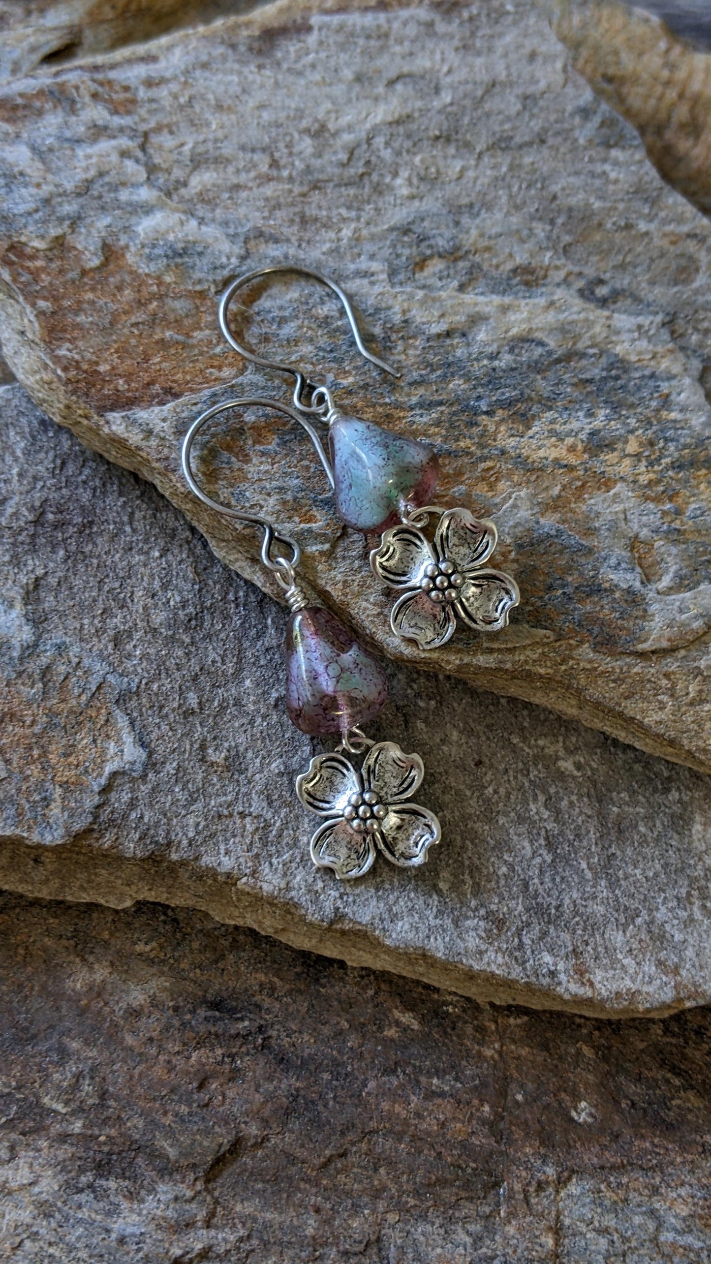 Pink Glass and Dogwood Flower Earrings