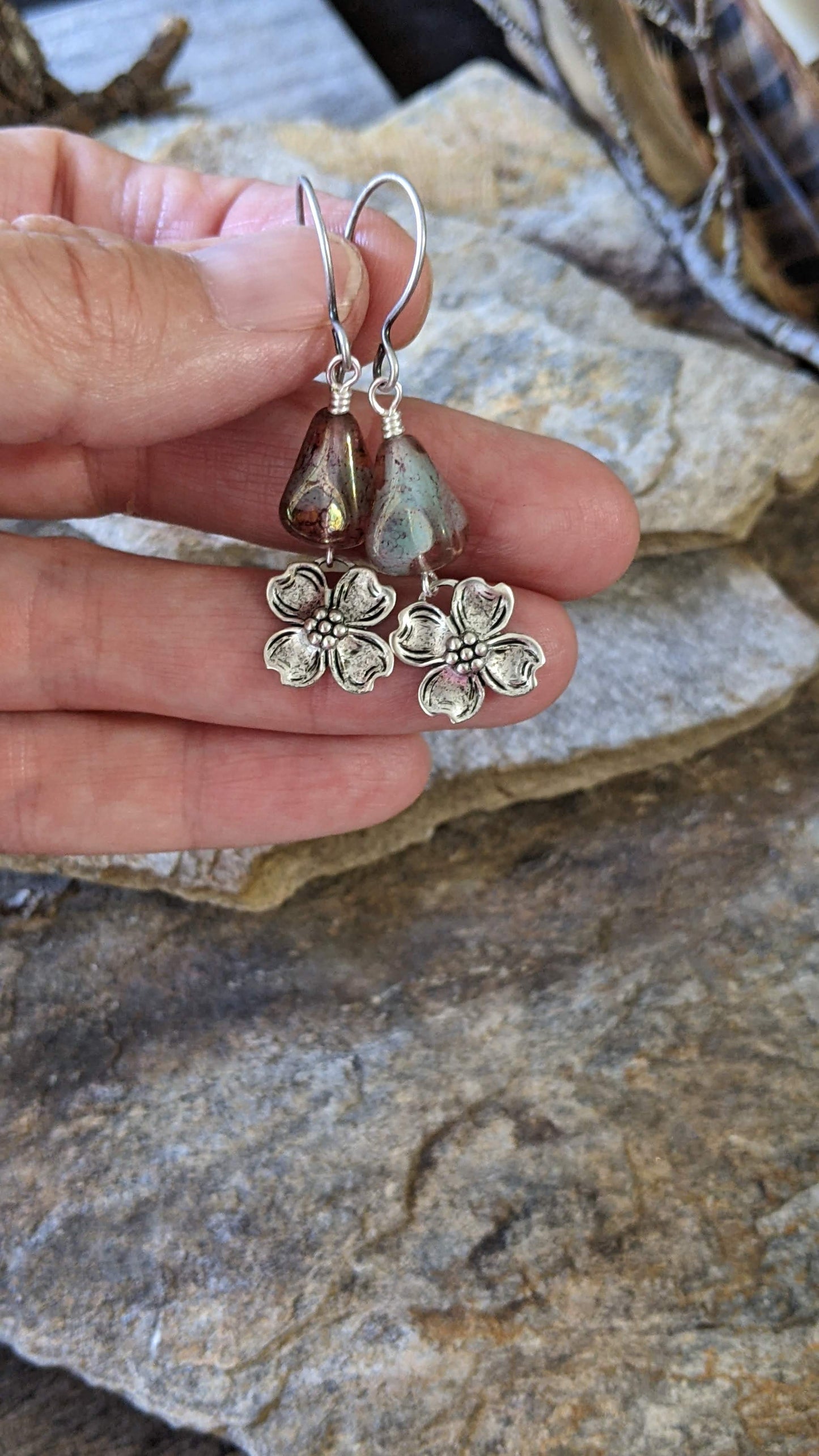 Pink Glass and Dogwood Flower Earrings