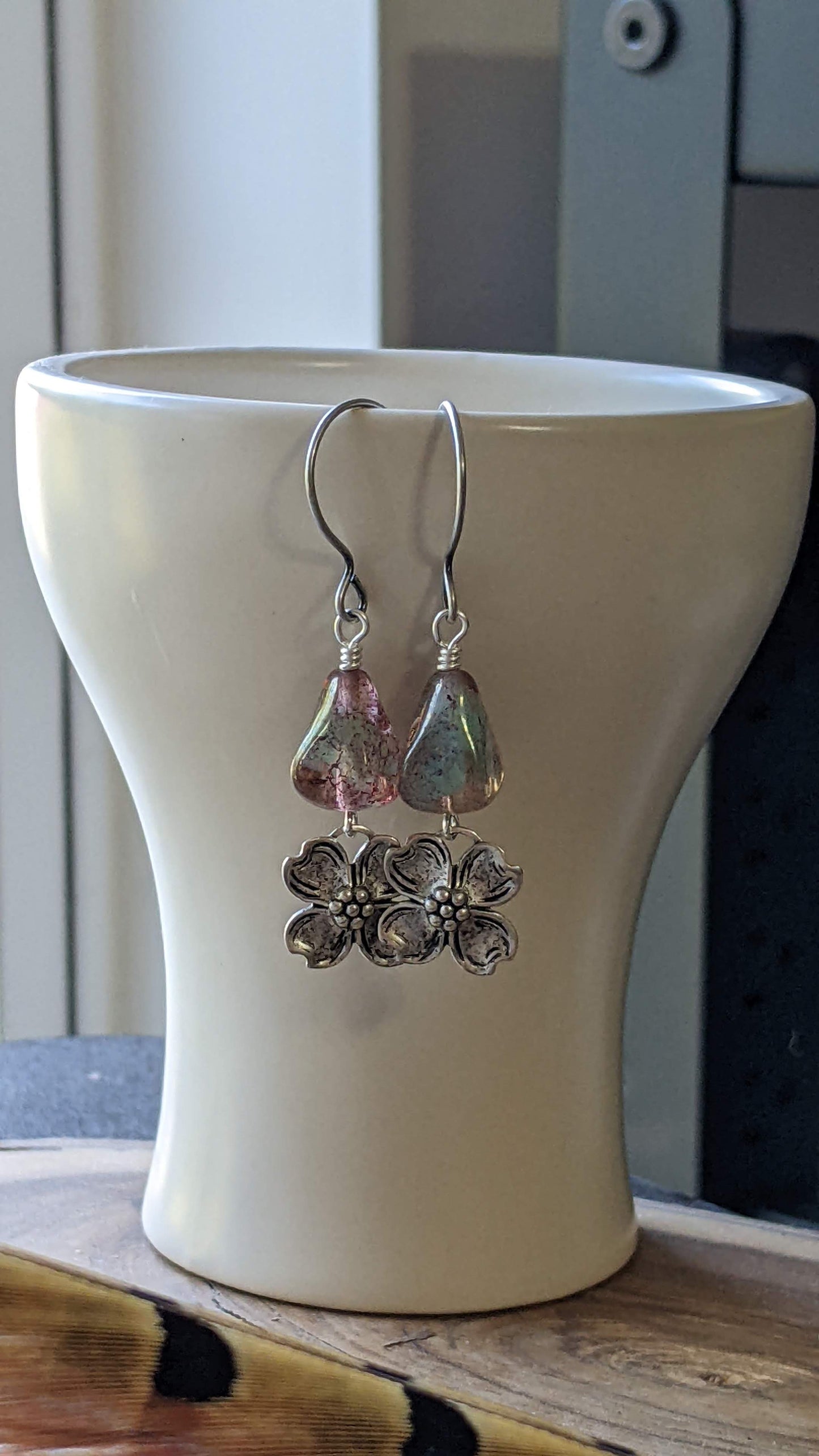 Pink Glass and Dogwood Flower Earrings