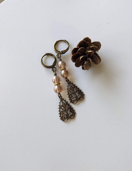 Delicate Filigree Earrings ~ Peach Glass