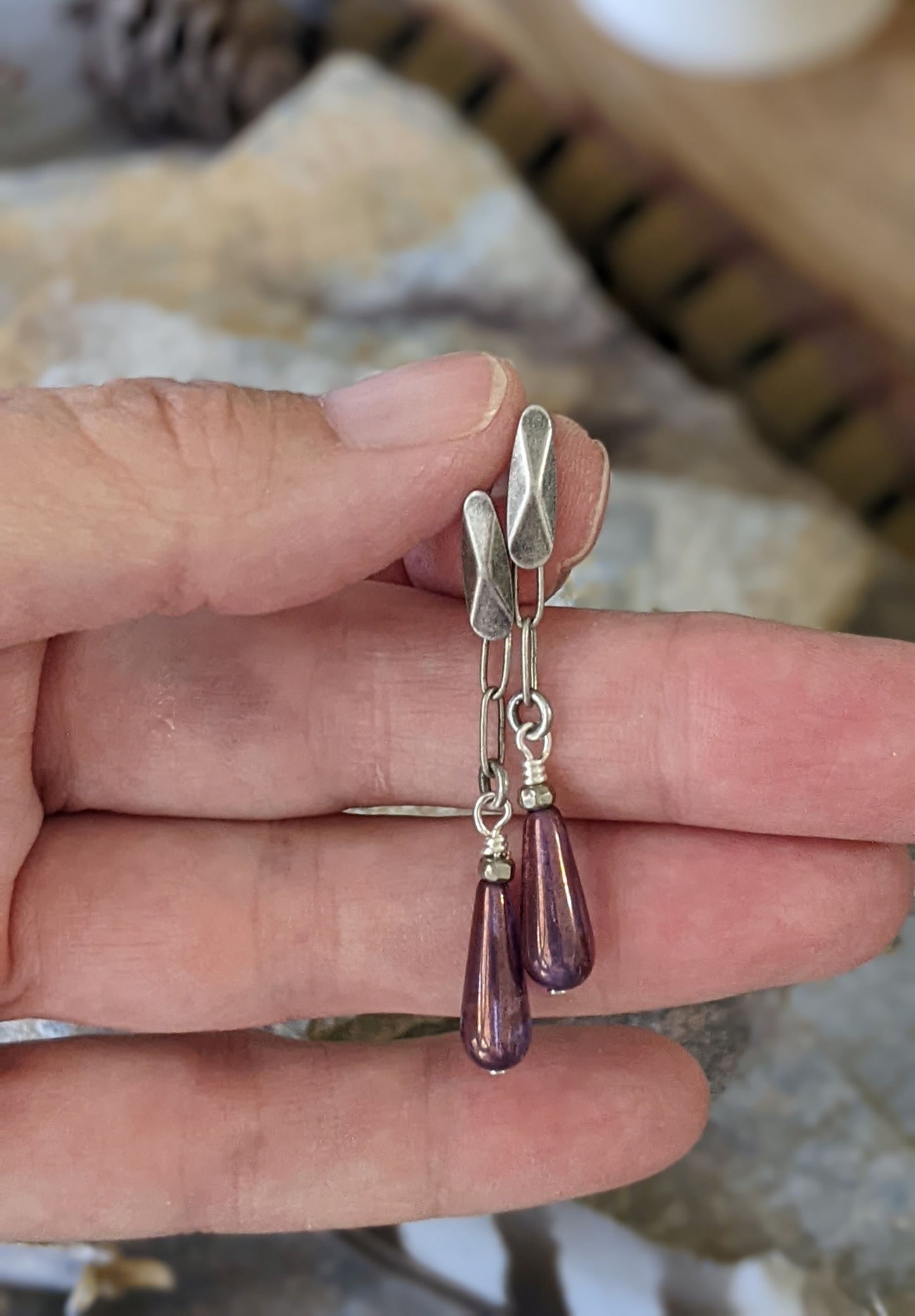 Post Earrings ~ Purple Glass Drop