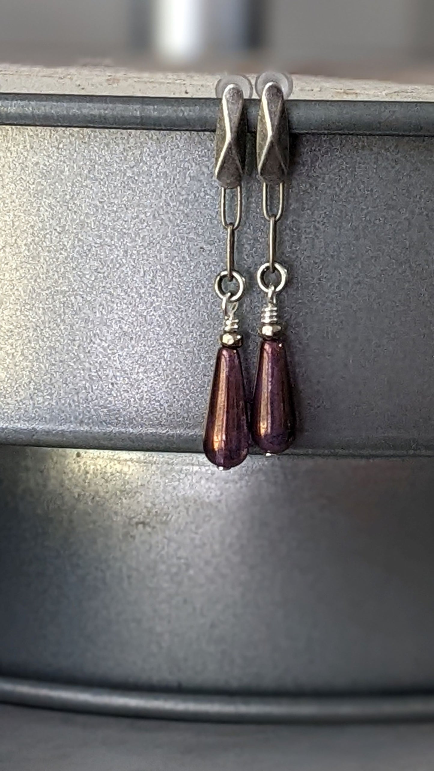 Post Earrings ~ Purple Glass Drop