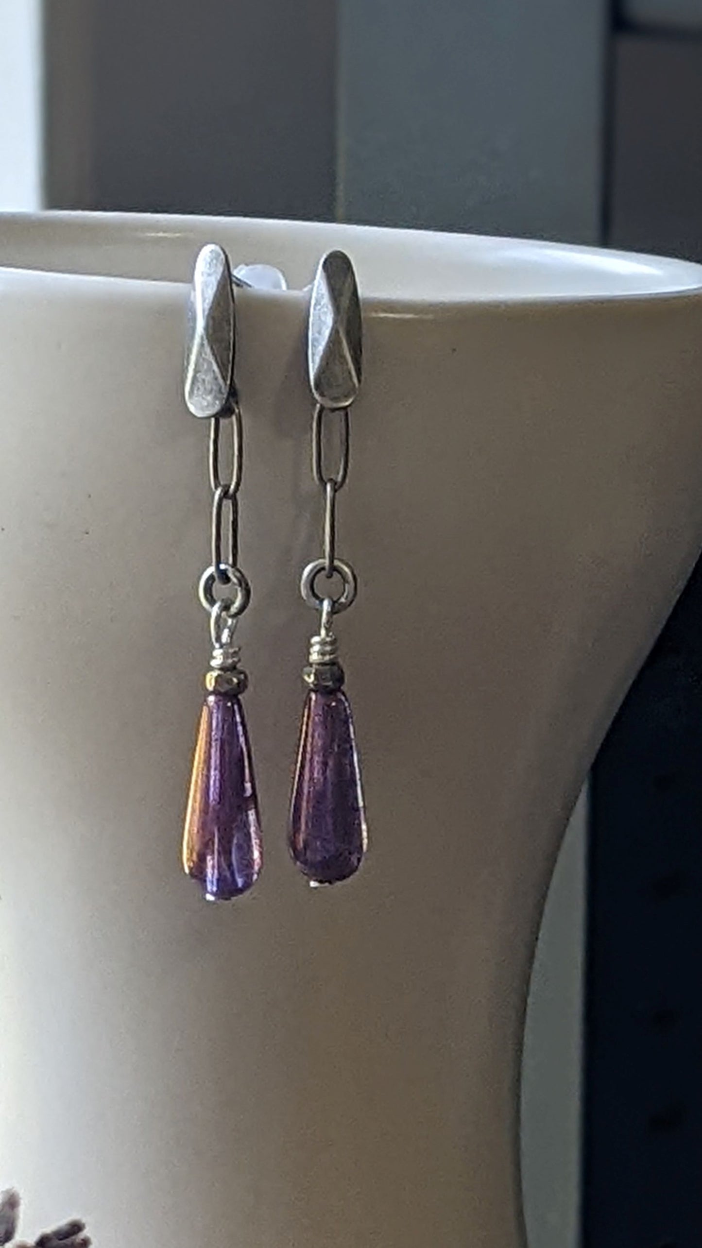 Post Earrings ~ Purple Glass Drop