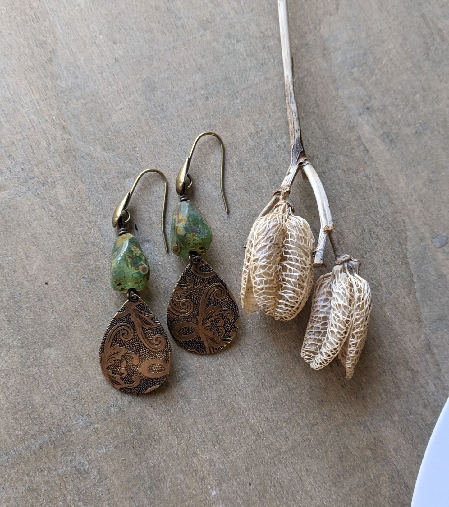 Green Glass and Brass Tear Drop Earrings