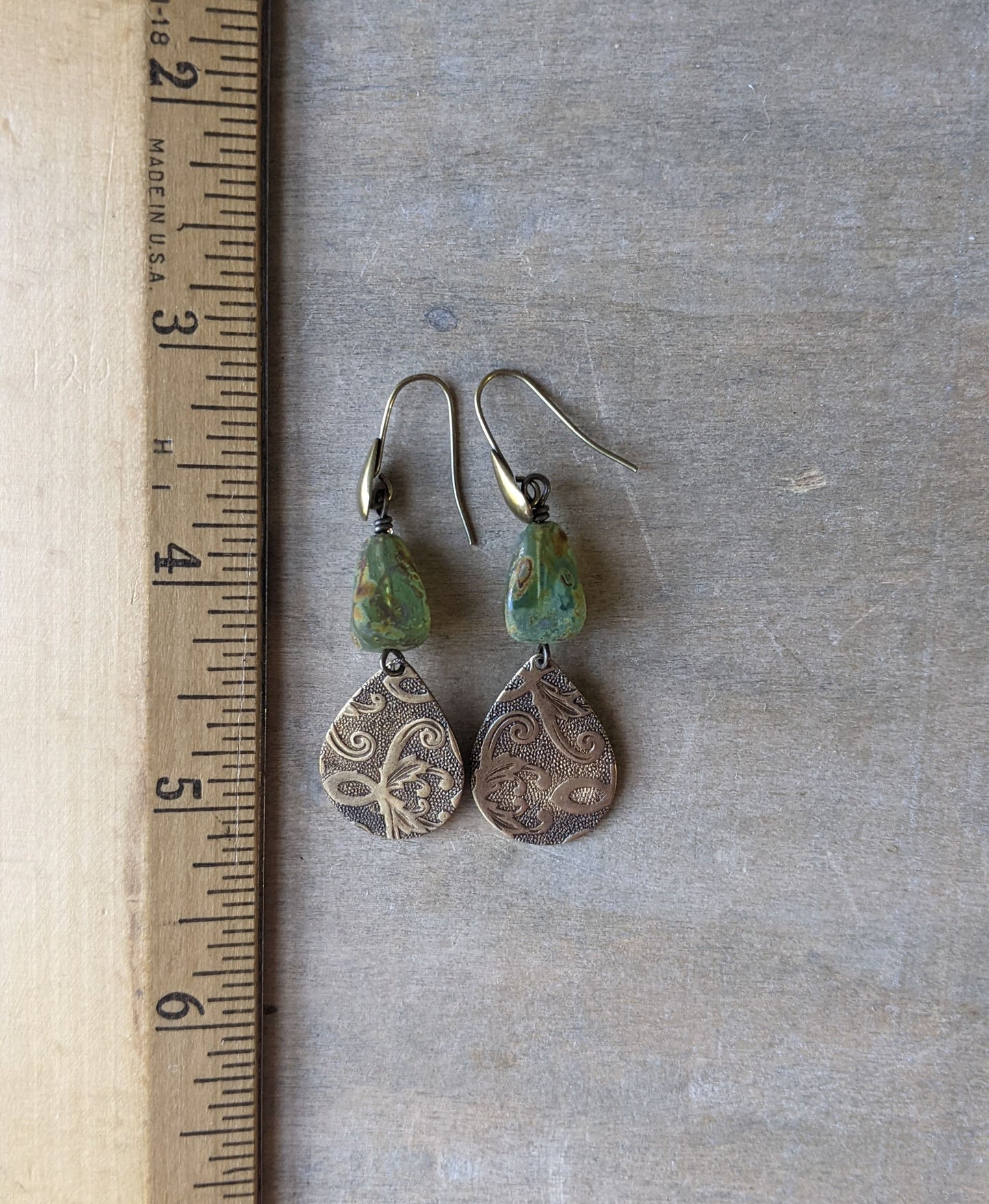 Green Glass and Brass Tear Drop Earrings