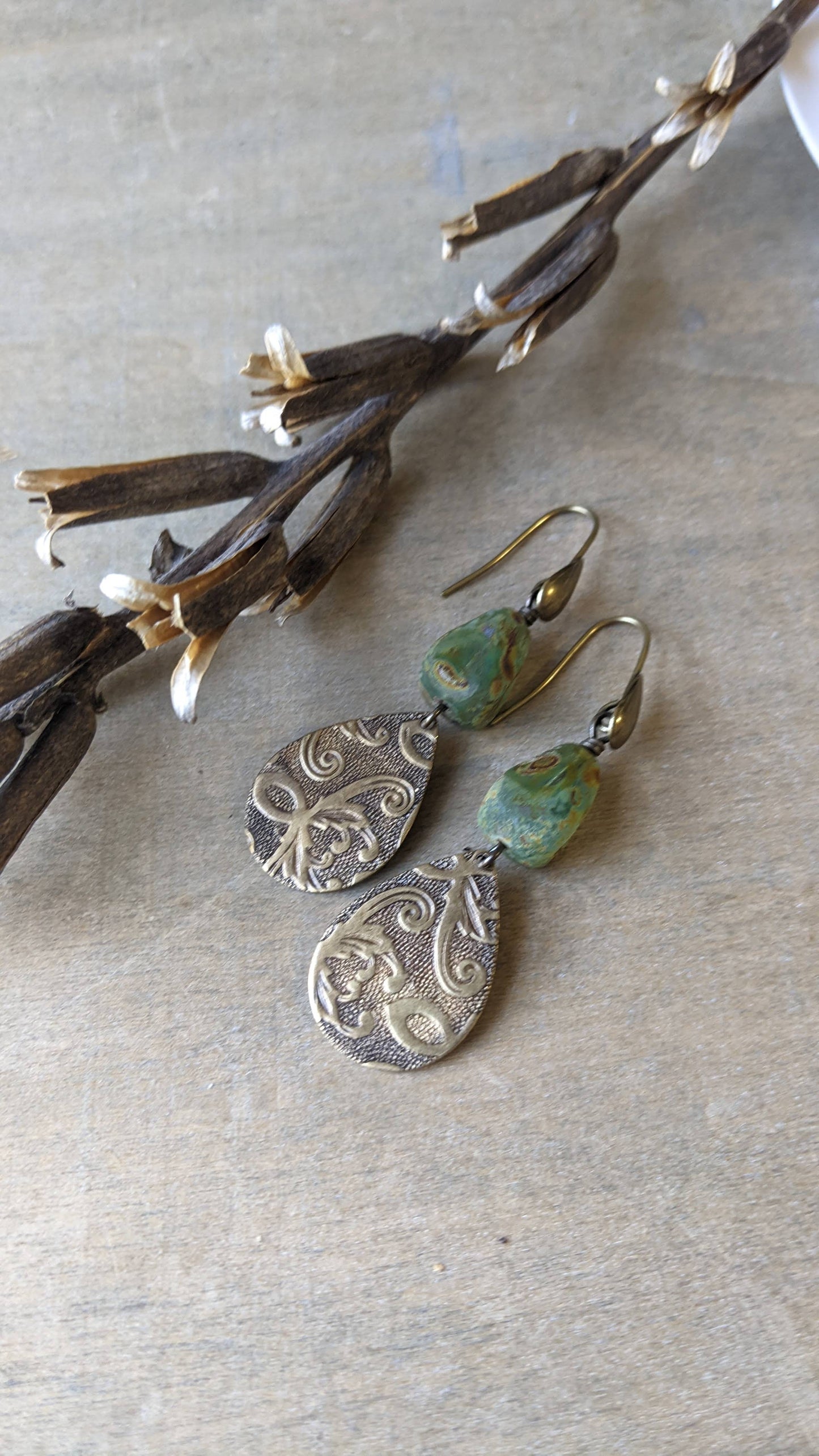 Green Glass and Brass Tear Drop Earrings