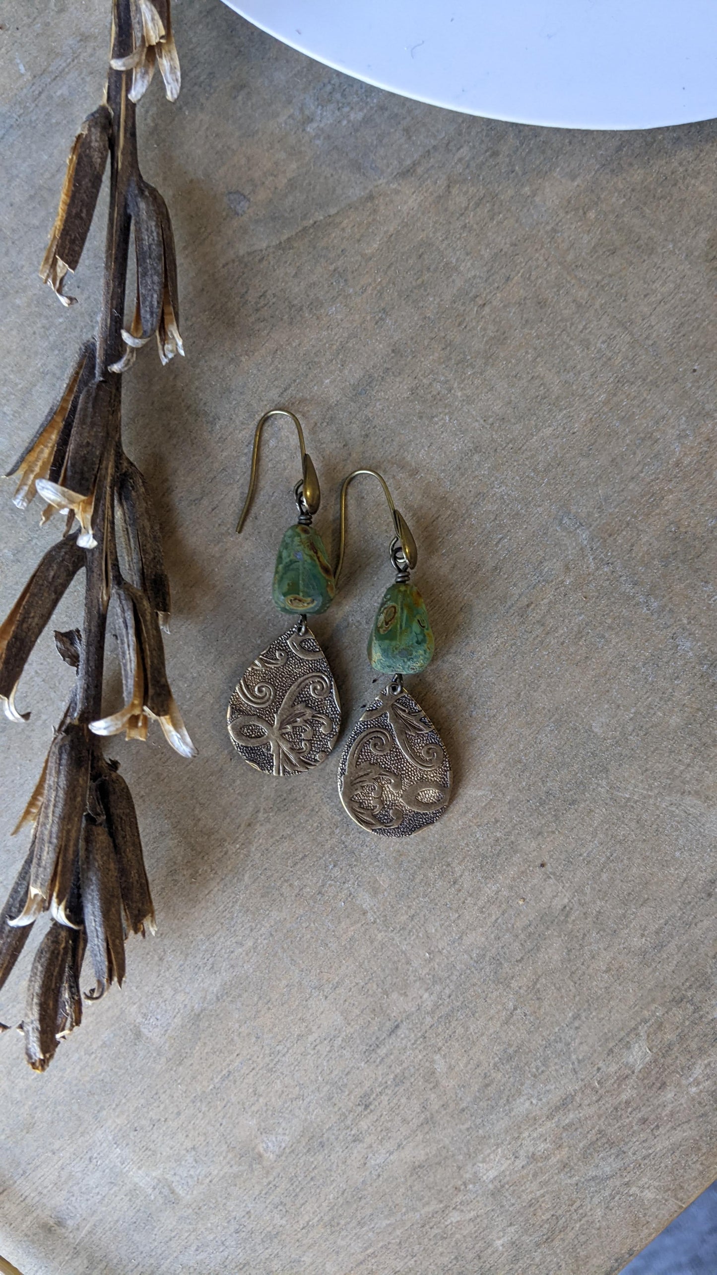 Green Glass and Brass Tear Drop Earrings