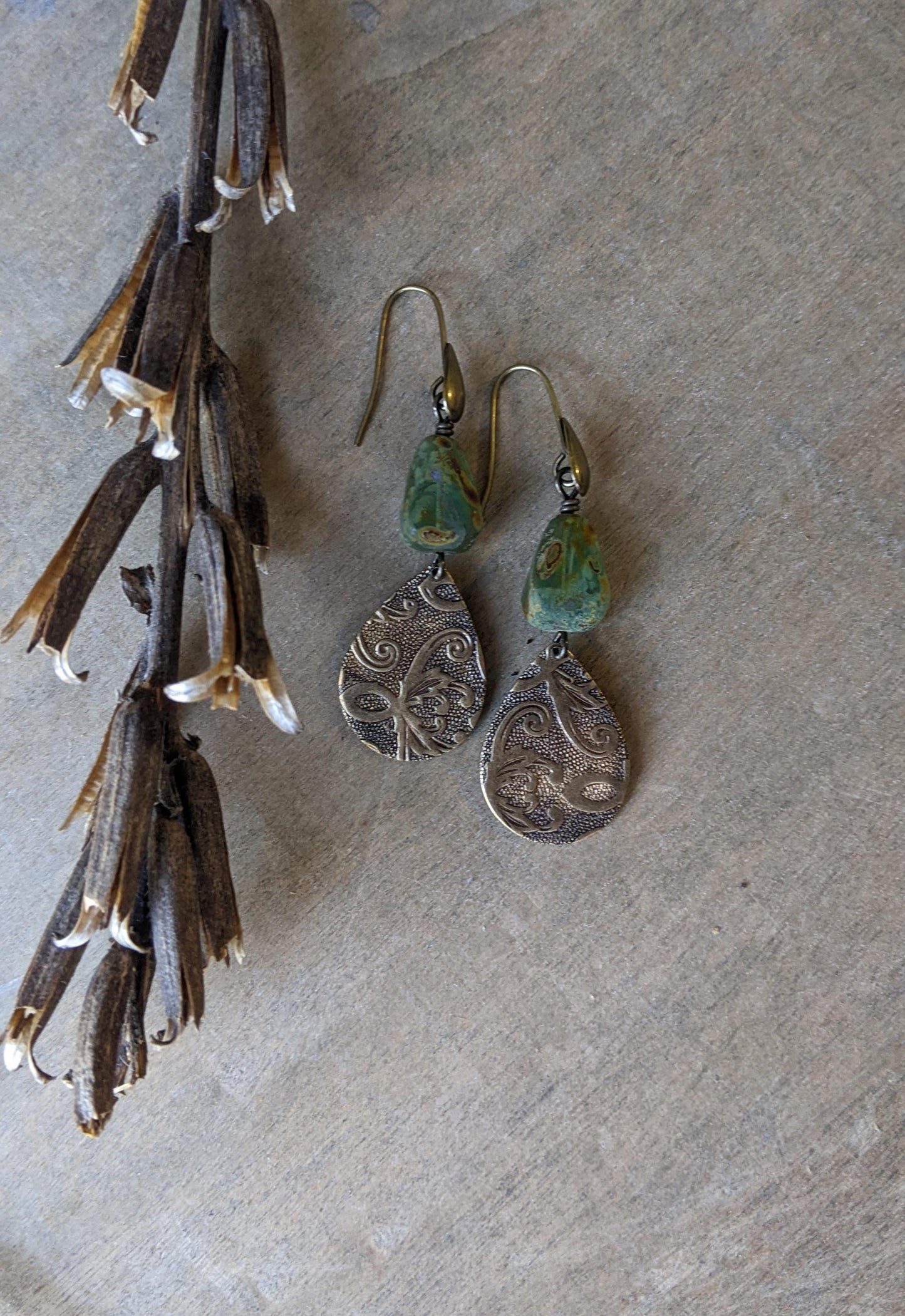 Green Glass and Brass Tear Drop Earrings