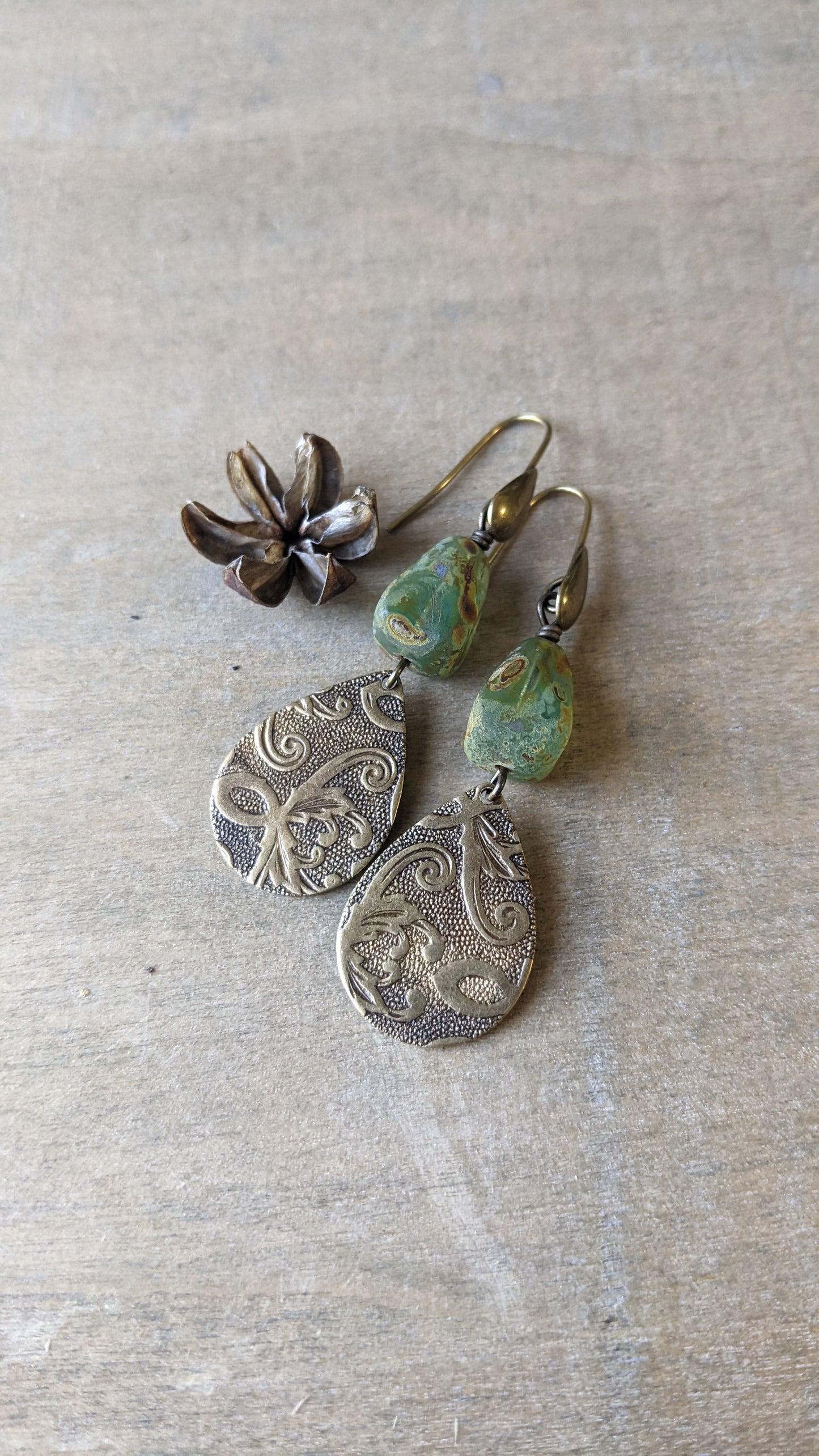 Green Glass and Brass Tear Drop Earrings