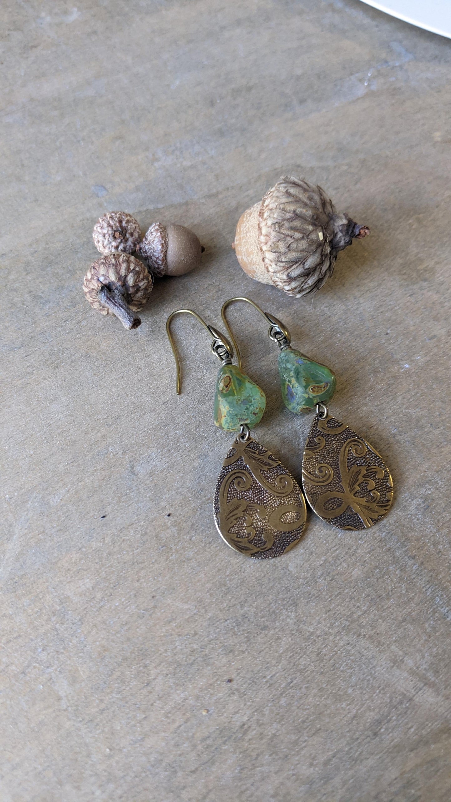 Green Glass and Brass Tear Drop Earrings