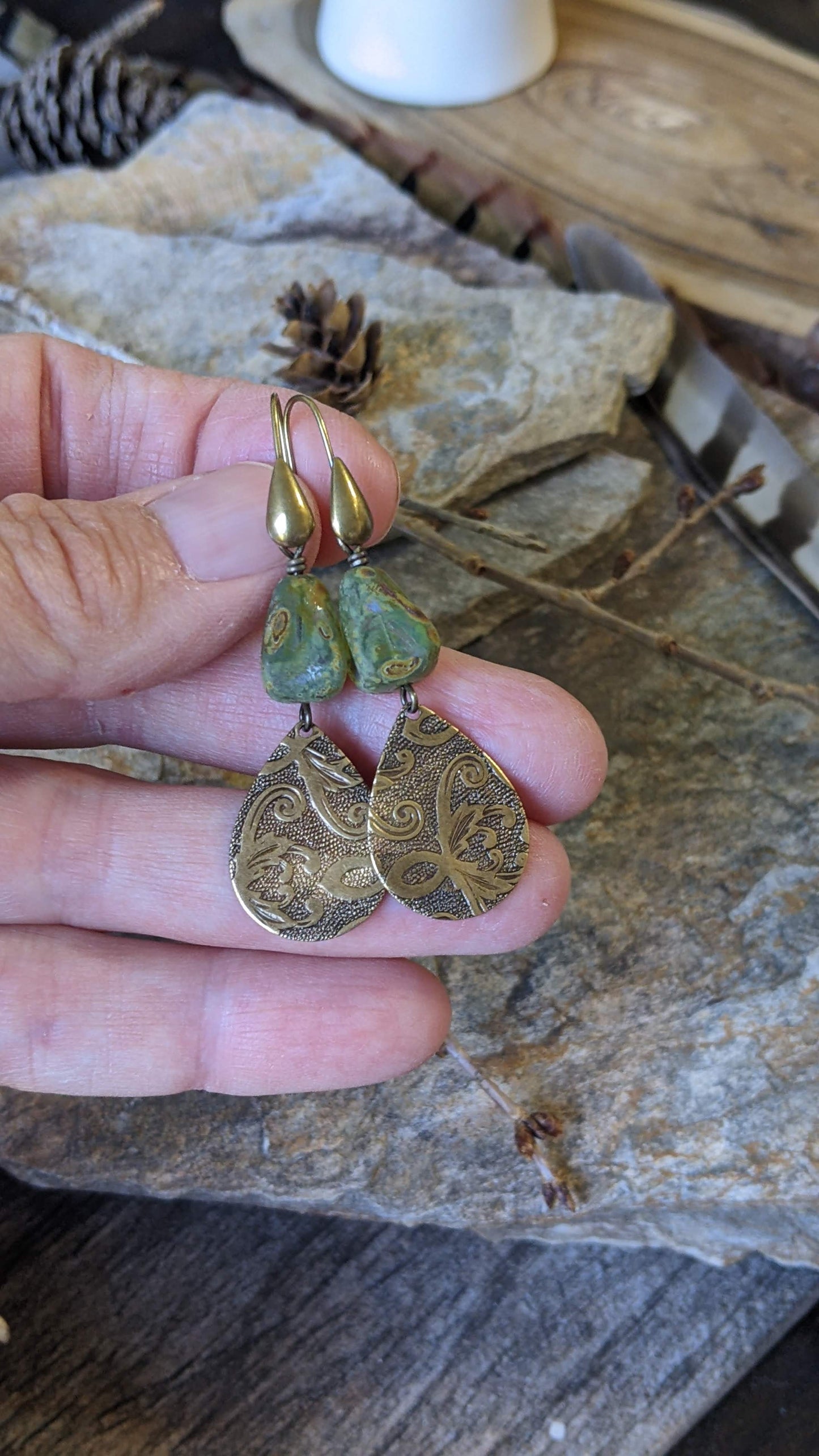 Green Glass and Brass Tear Drop Earrings