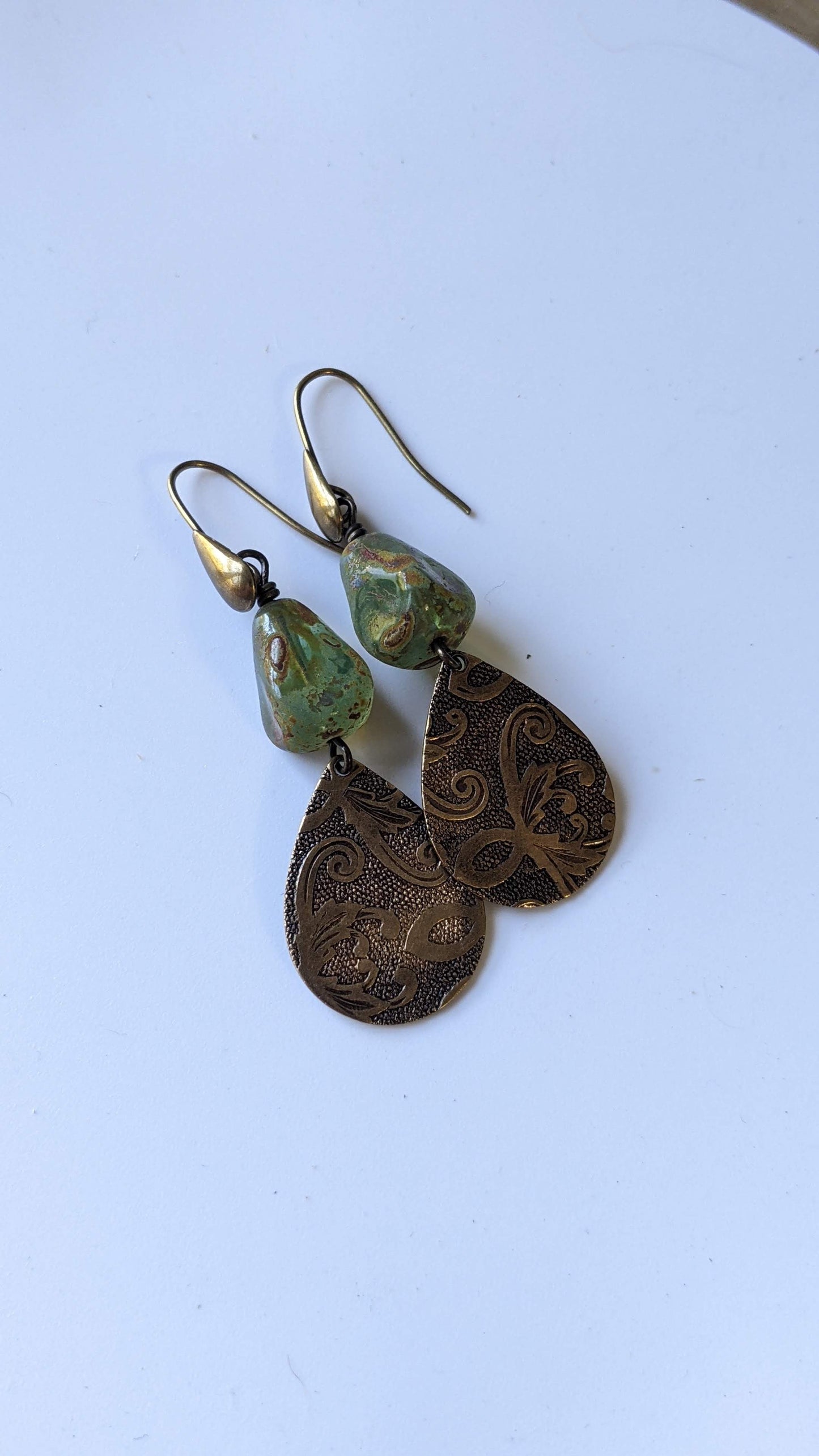 Green Glass and Brass Tear Drop Earrings