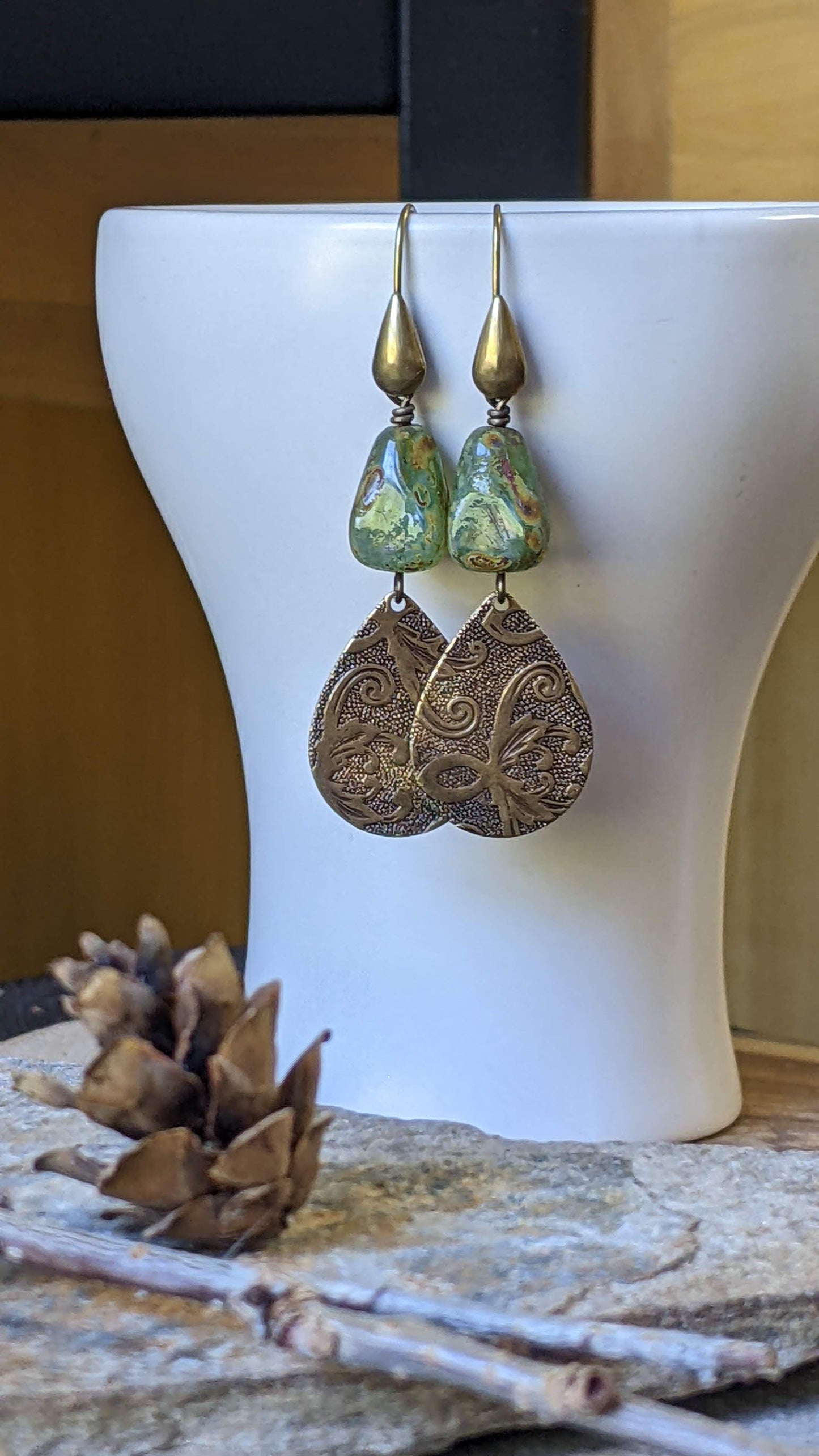 Green Glass and Brass Tear Drop Earrings