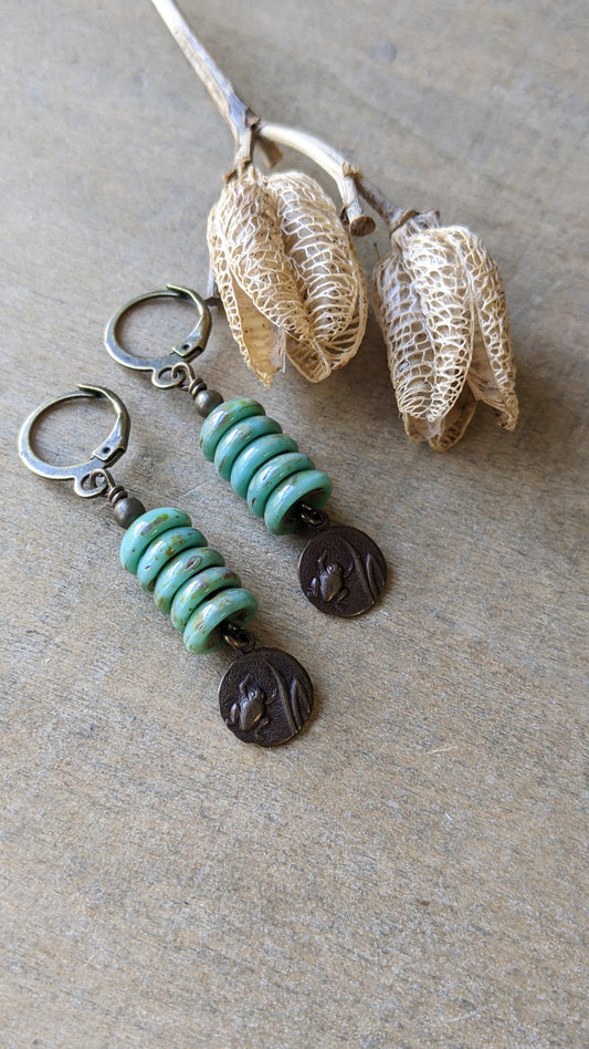 Little Frog Earrings ~ Green Glass