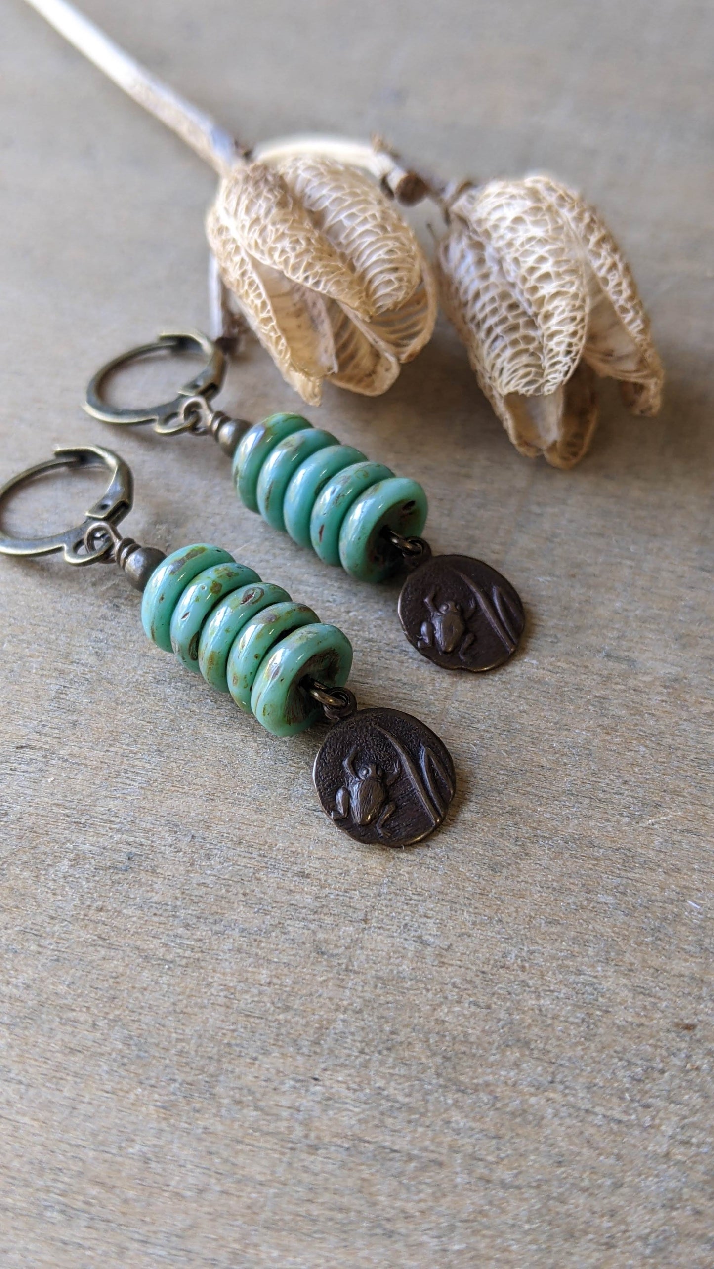 Little Frog Earrings ~ Green Glass