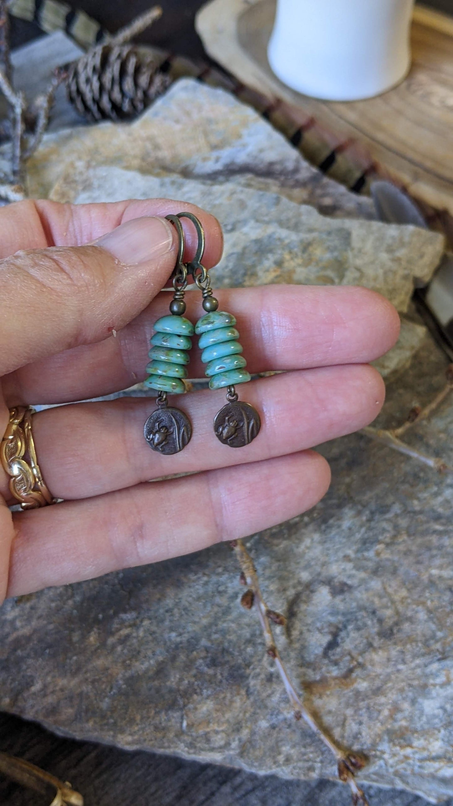 Little Frog Earrings ~ Green Glass