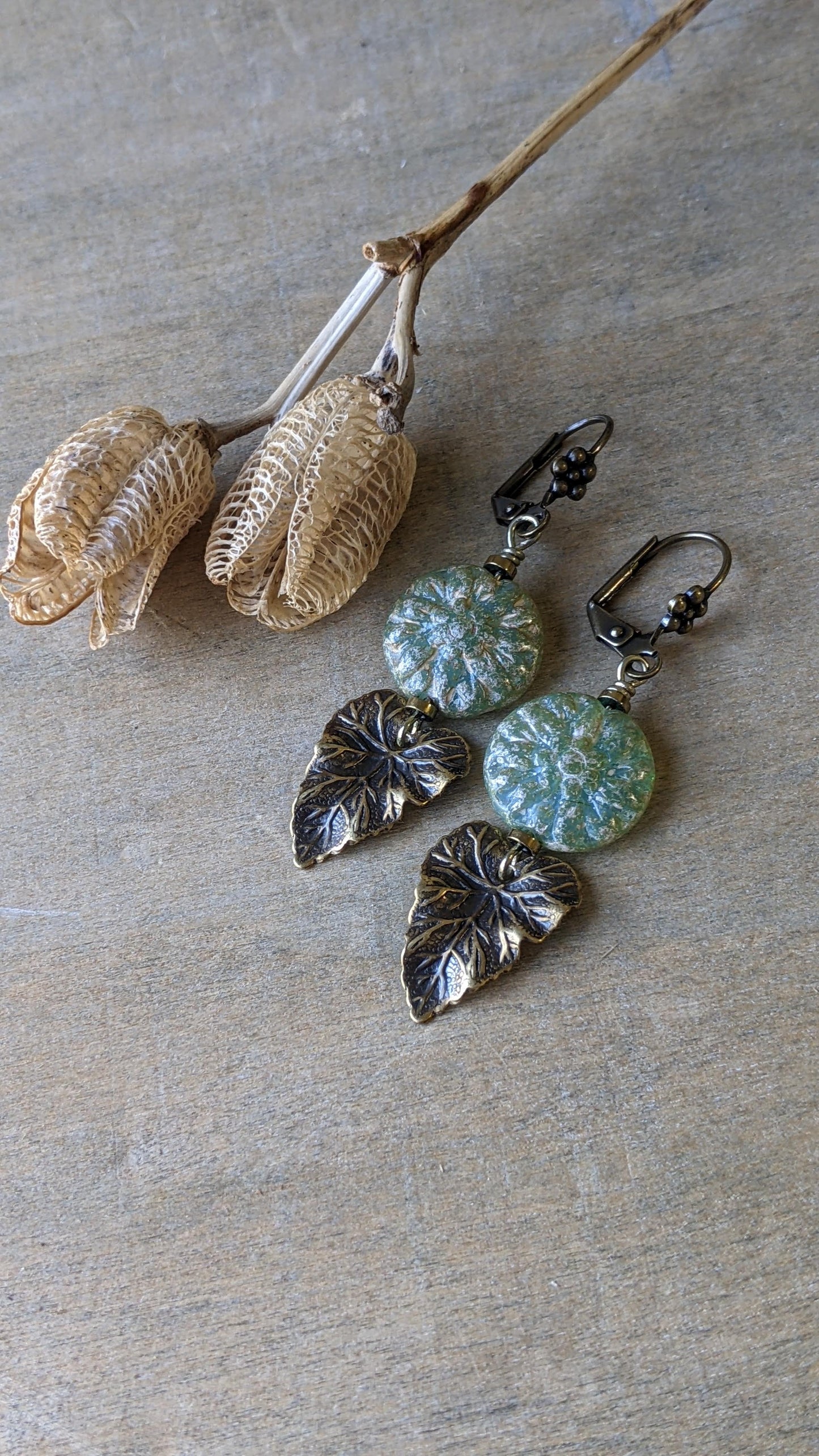 Leaf Earrings ~ Shimmering Green Glass