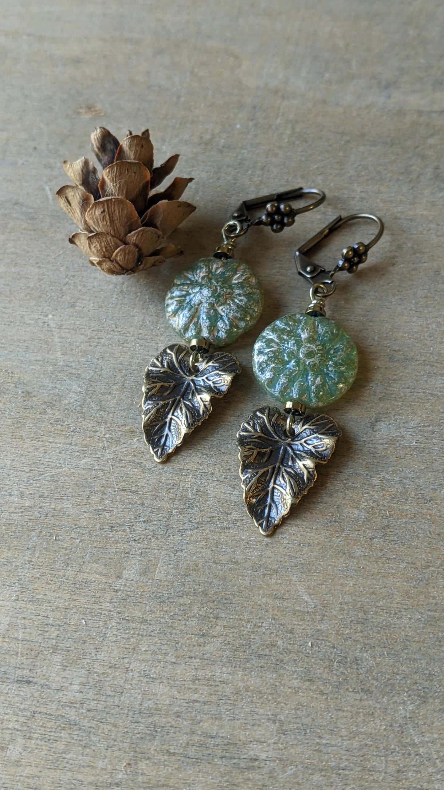 Leaf Earrings ~ Shimmering Green Glass