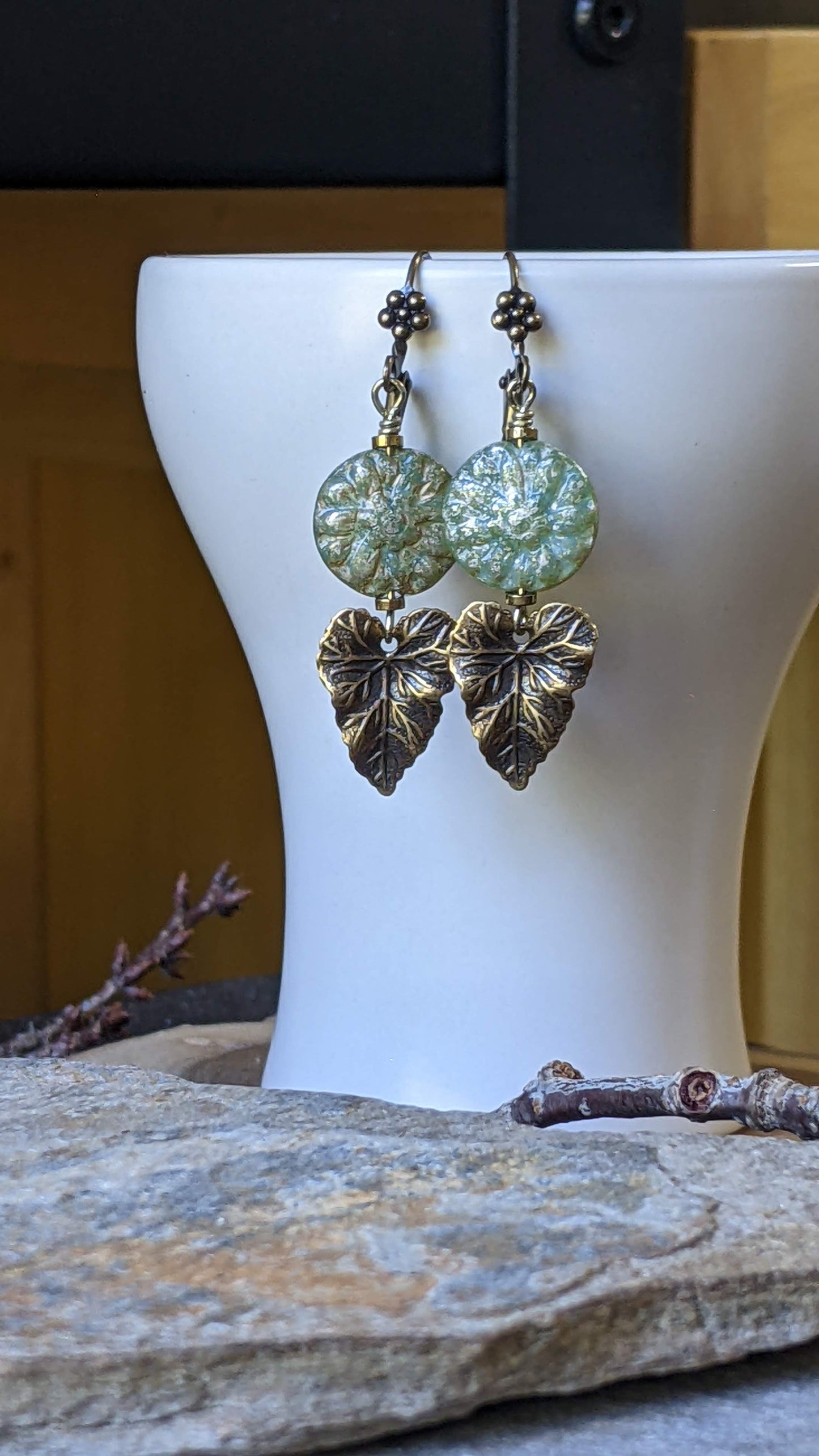 Leaf Earrings ~ Shimmering Green Glass