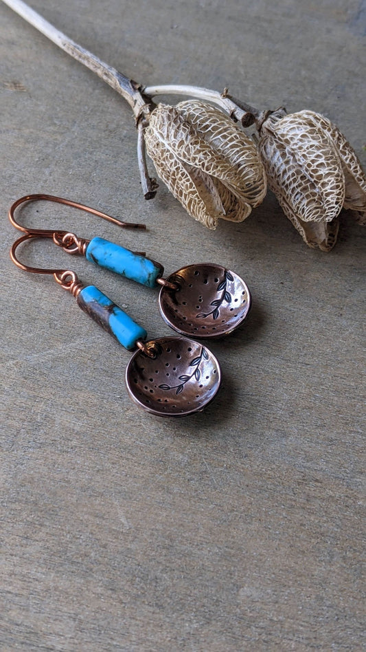 Copper Disc Earrings ~ Blue and Brown Stones