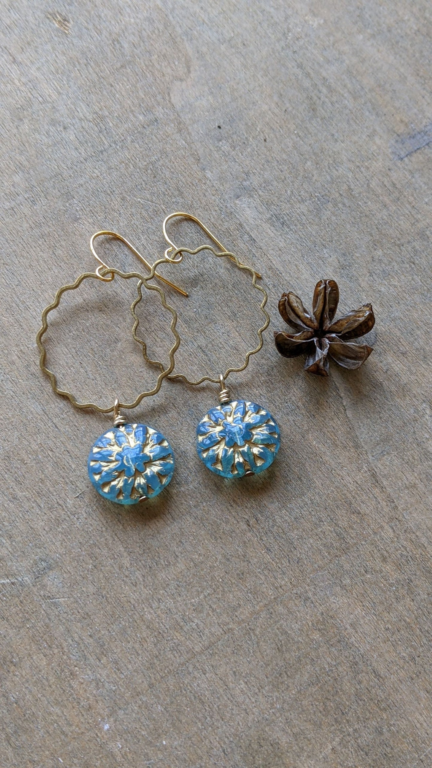 Flower Dangles ~ Sky Blue and Gold Glass