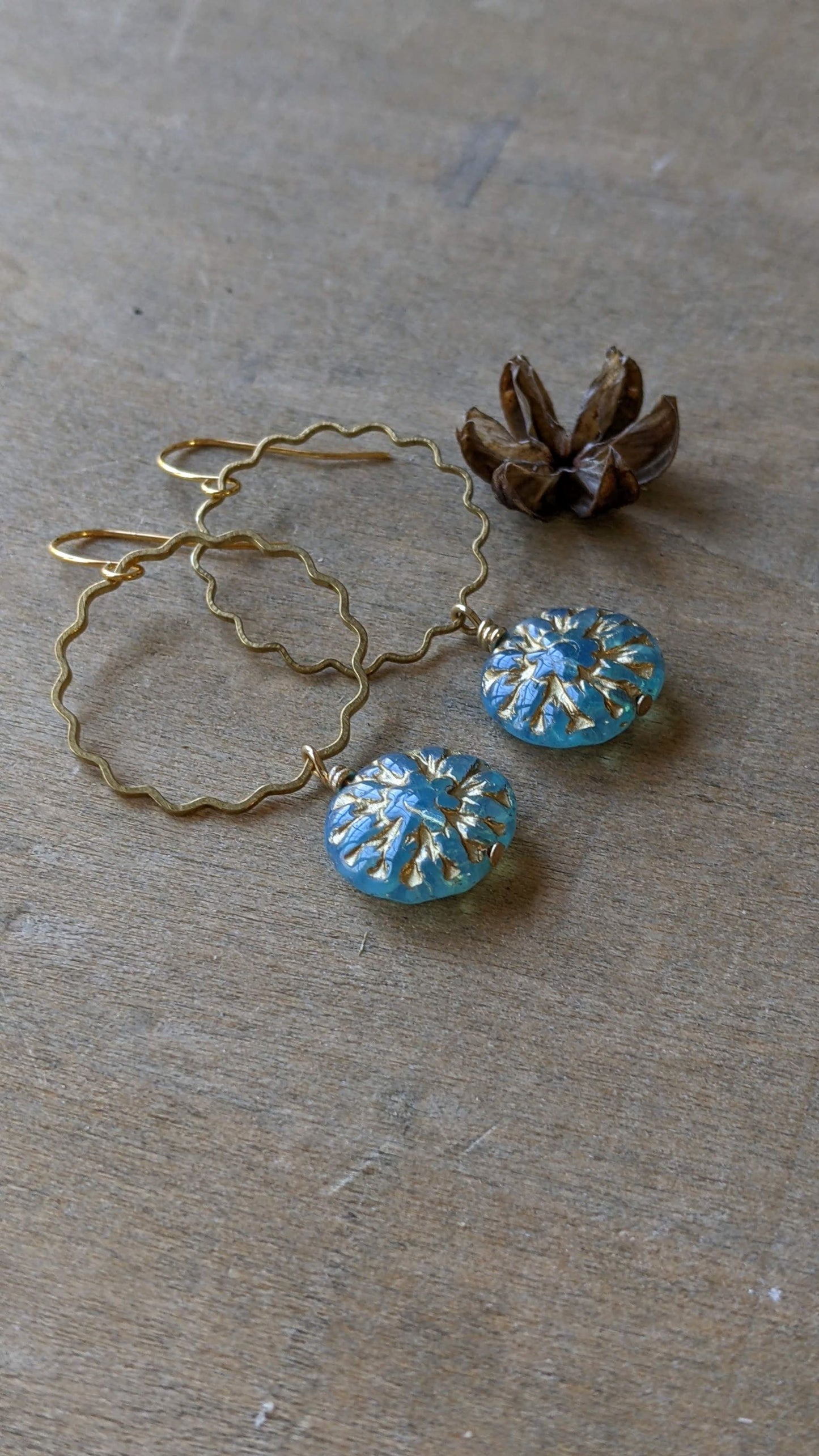 Flower Dangles ~ Sky Blue and Gold Glass