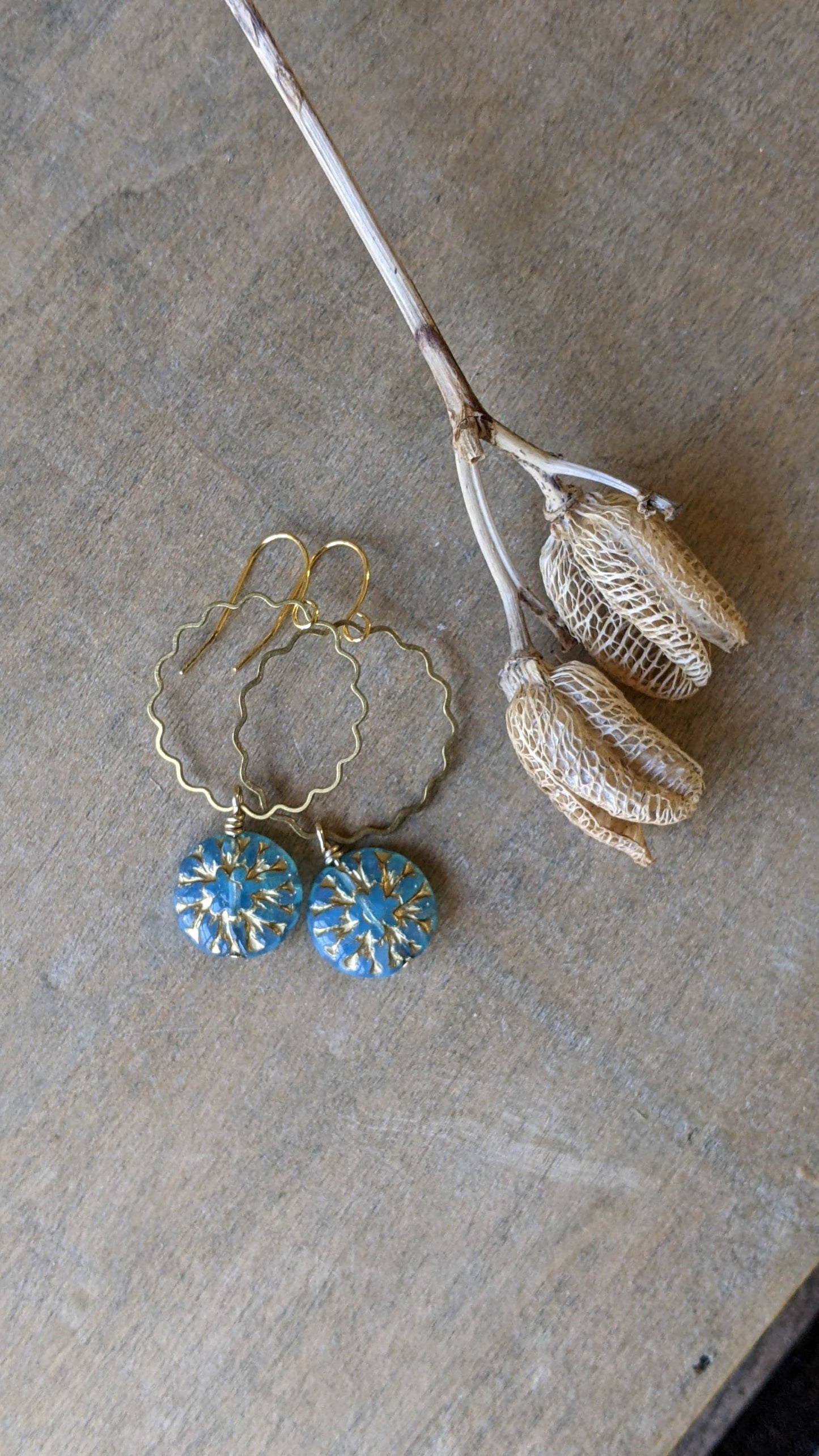 Flower Dangles ~ Sky Blue and Gold Glass